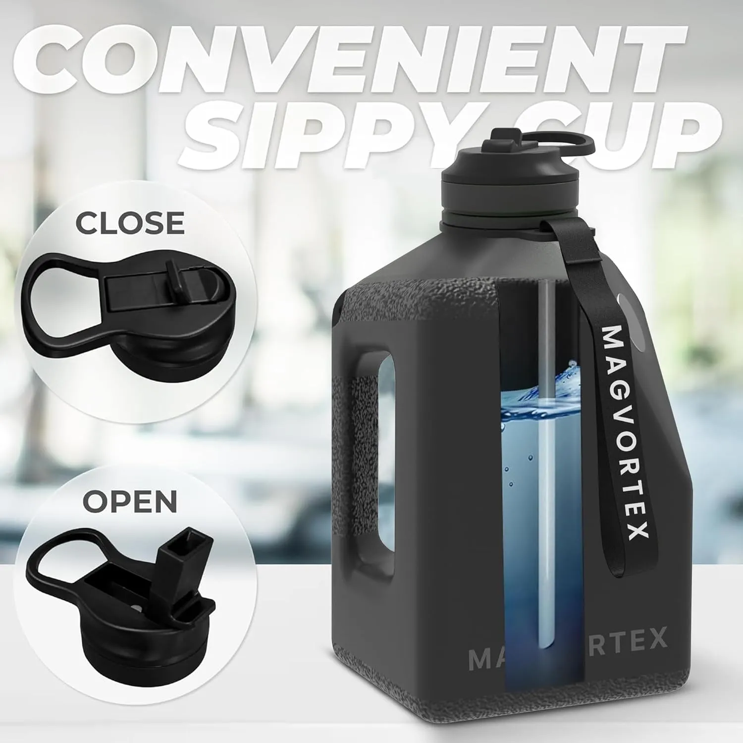 91oz Gym Daily Water Bottle Black – Large BPA-Free PETG Jug with Magnetic Plate Phone Mount, Leakproof Flip-Top Lid, Wide Mouth for Ice, Straw, Carry Strap, Stable Base, Time Marker