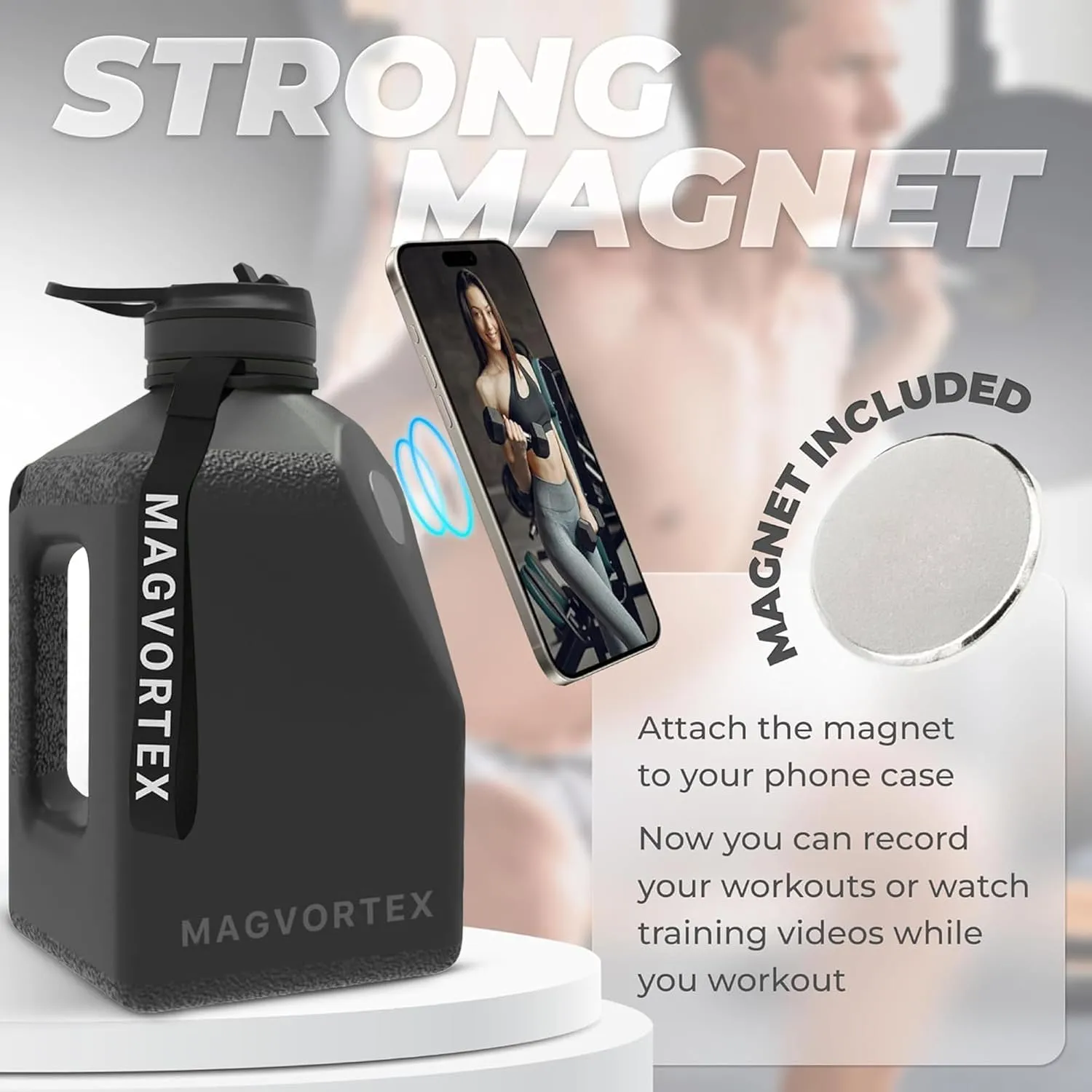 91oz Gym Daily Water Bottle Black – Large BPA-Free PETG Jug with Magnetic Plate Phone Mount, Leakproof Flip-Top Lid, Wide Mouth for Ice, Straw, Carry Strap, Stable Base, Time Marker