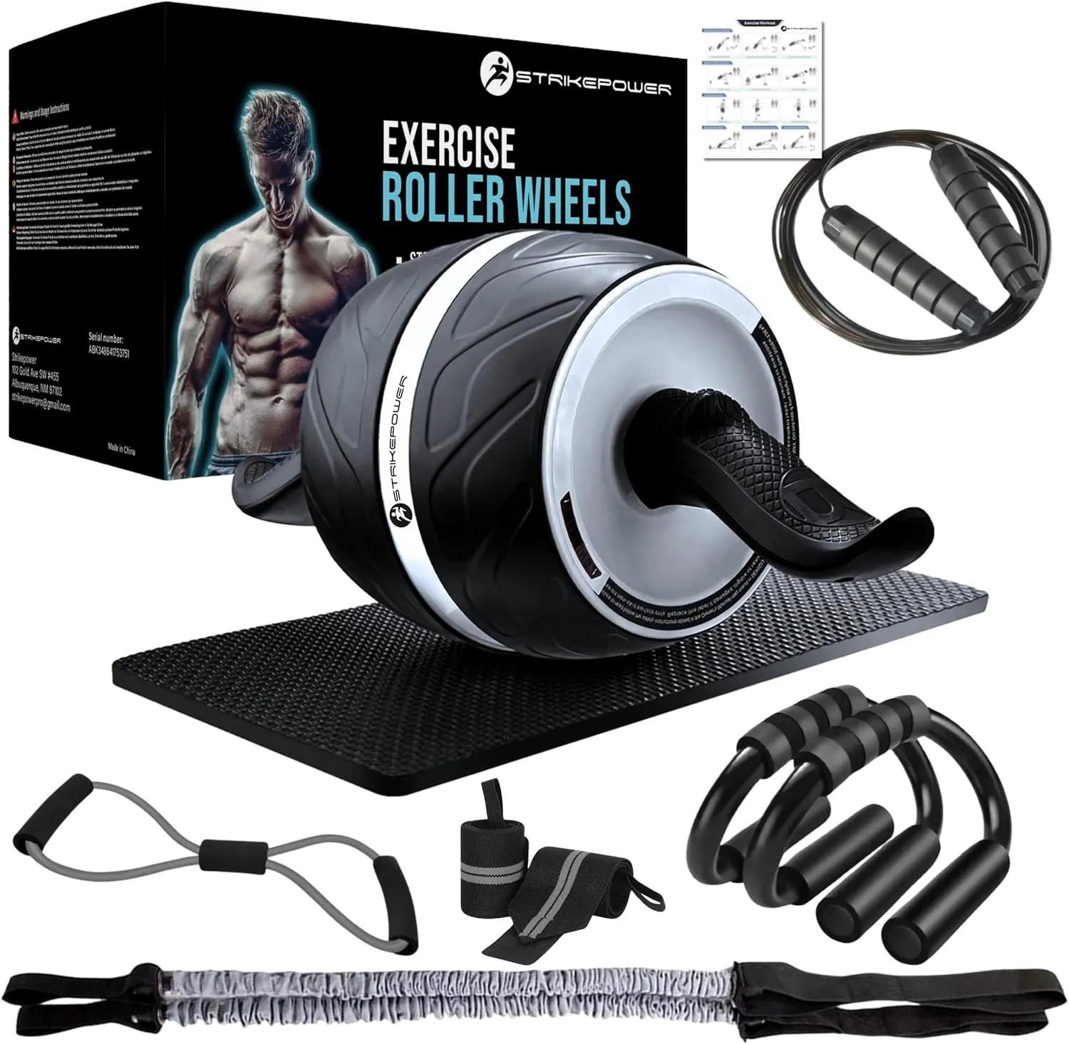 Ab Roller Wheel Automatic Rebound, 9-In-1 Kit Workout fitness Equipment & Abs roller Exercise Abdominale & Home Gym | Jump Rope, Push-Up Bar, Resistance Bands, Knee Mat..