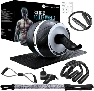 Ab Roller Wheel Automatic Rebound, 9-In-1 Kit Workout fitness Equipment & Abs roller Exercise Abdominale & Home Gym | Jump Rope, Push-Up Bar, Resistance Bands, Knee Mat..