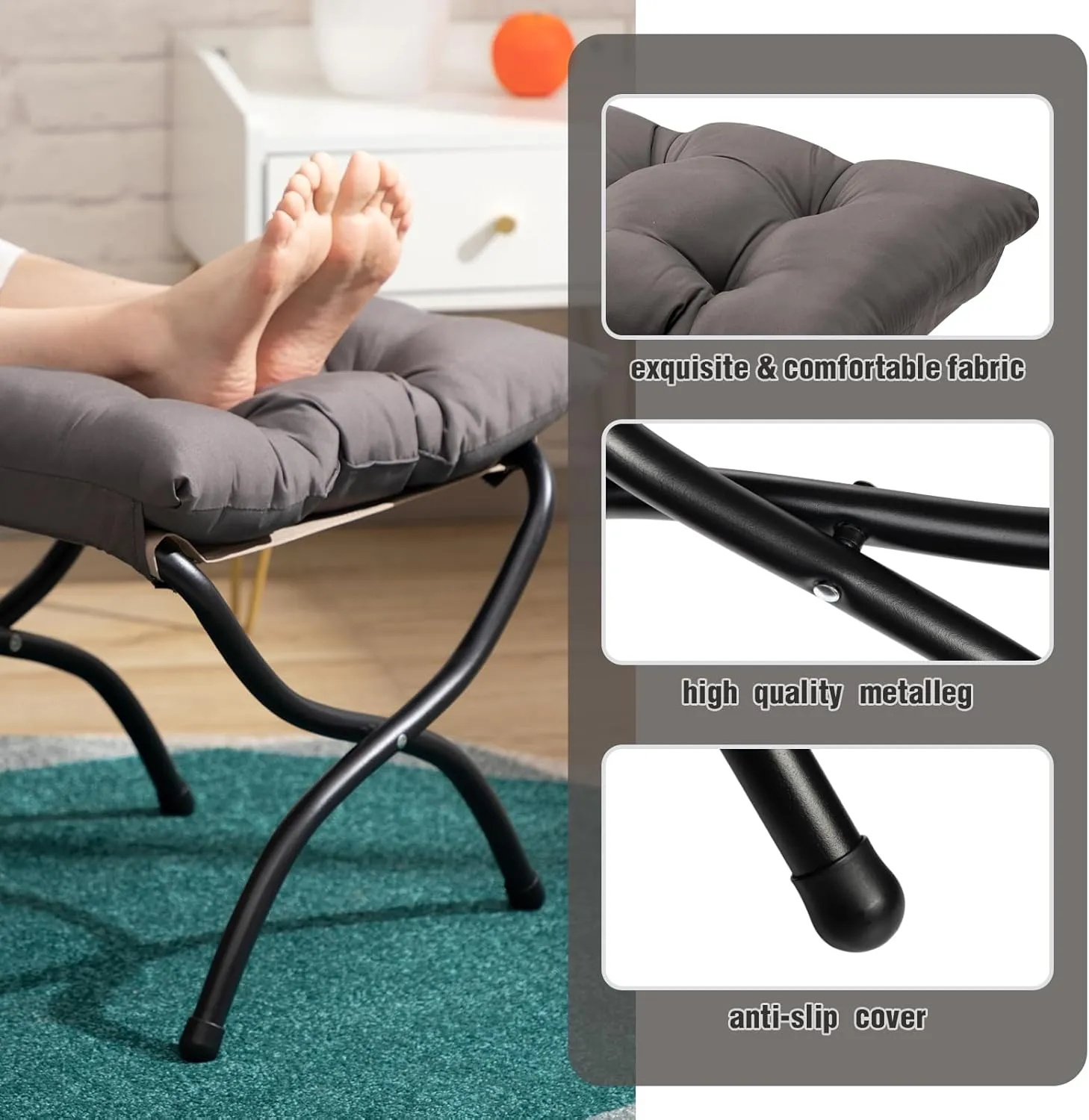 AbocoFur 15"(H) Folding Footrest Stool, Accent Padded Sofa Foot Stool for Lazy Chair, Upholstered Small Foldable Ottoman, Metal Frame Portable Foot Rest Ottoman for Living Room, Bedroom, Dark Grey