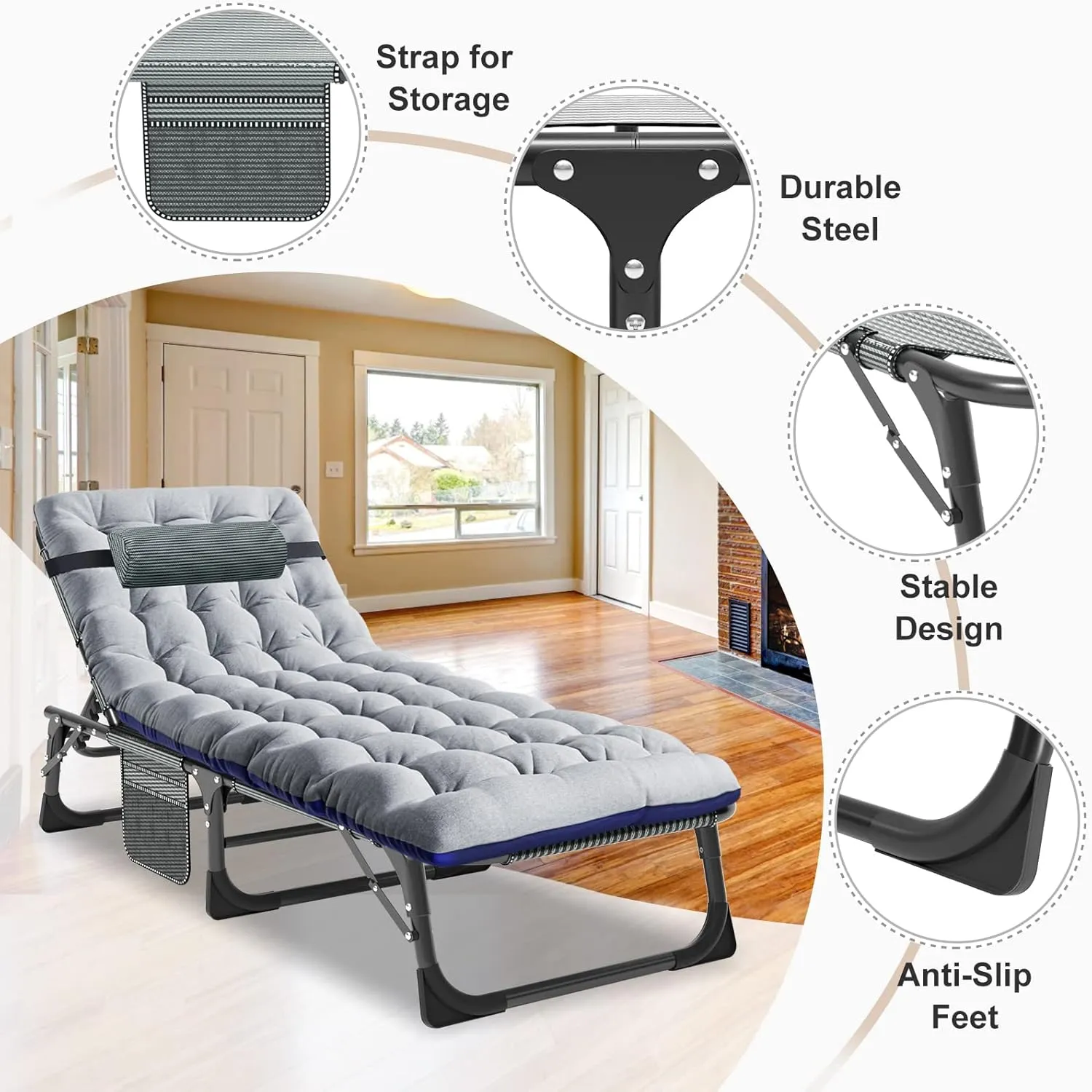ABORON 5 Positions Camping Cots for Adults,Outdoor Folding Sleeping Cot/Mat,Folding Chaise Lounge Chair with Pillow,Portable Reclining Chair for Beach Lawn Camping Pool,Sunbathing Chairs