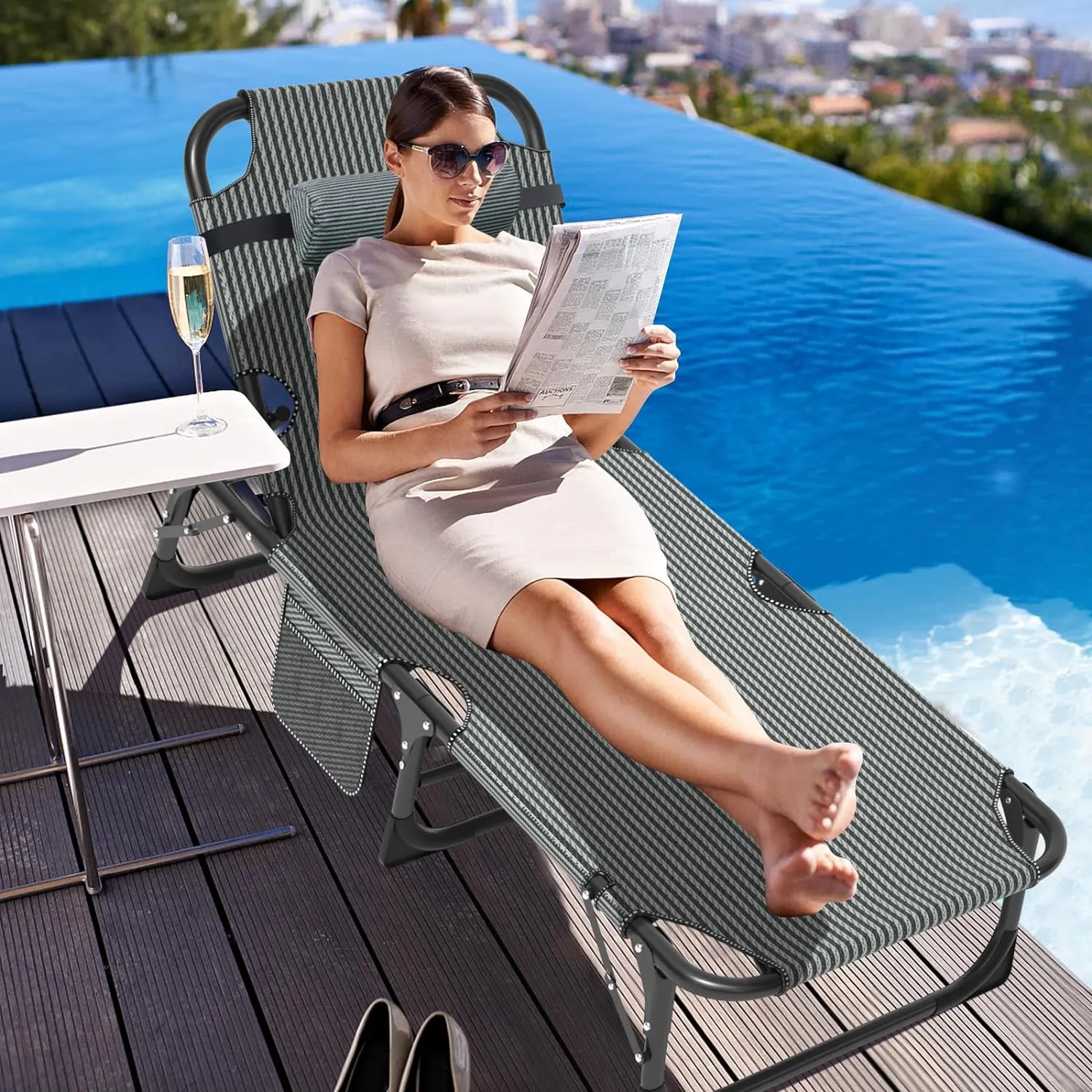 ABORON 5 Positions Camping Cots for Adults,Outdoor Folding Sleeping Cot/Mat,Folding Chaise Lounge Chair with Pillow,Portable Reclining Chair for Beach Lawn Camping Pool,Sunbathing Chairs