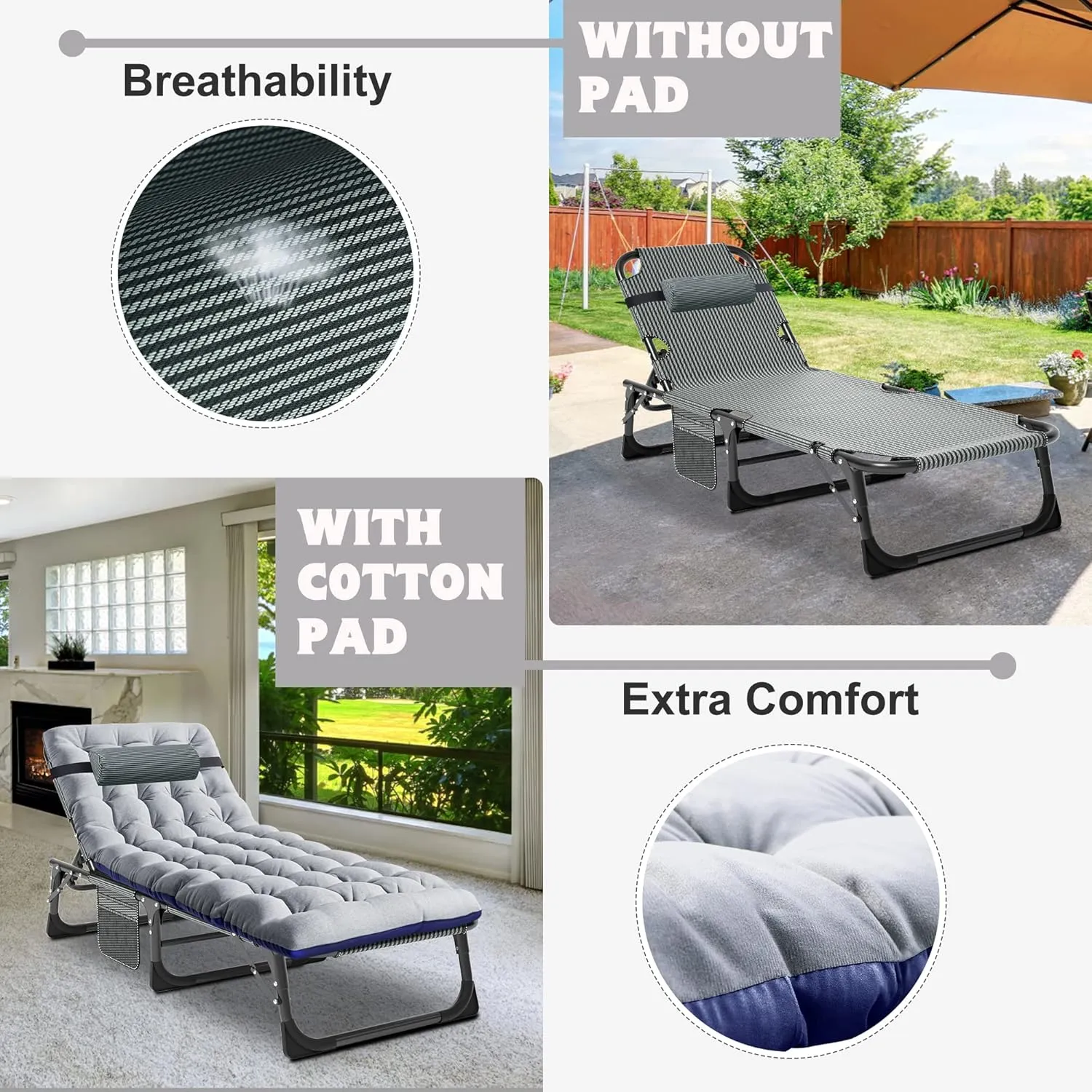ABORON 5 Positions Camping Cots for Adults,Outdoor Folding Sleeping Cot/Mat,Folding Chaise Lounge Chair with Pillow,Portable Reclining Chair for Beach Lawn Camping Pool,Sunbathing Chairs
