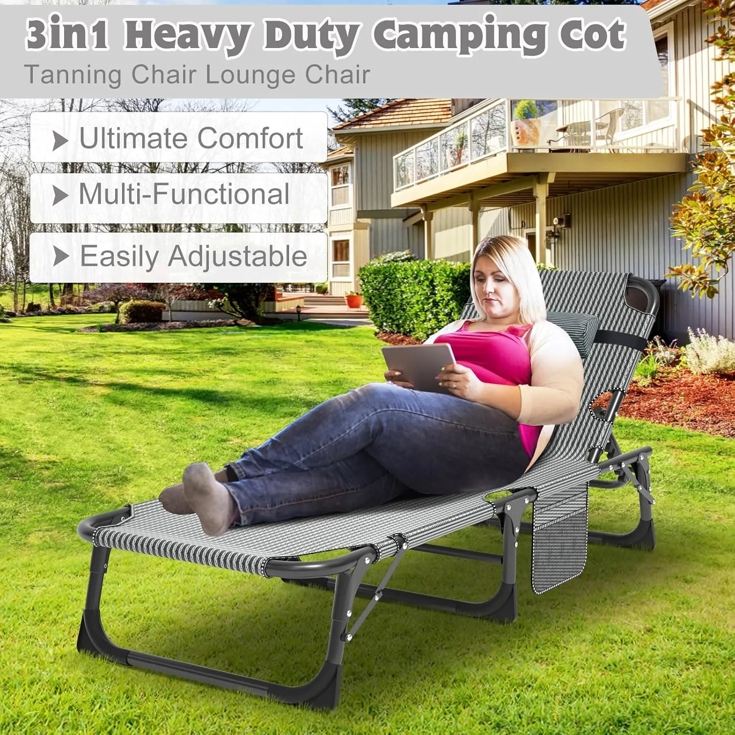 ABORON 5 Positions Camping Cots for Adults,Outdoor Folding Sleeping Cot/Mat,Folding Chaise Lounge Chair with Pillow,Portable Reclining Chair for Beach Lawn Camping Pool,Sunbathing Chairs