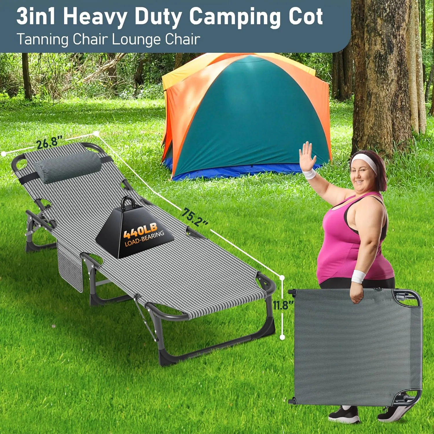 ABORON 5 Positions Camping Cots for Adults,Outdoor Folding Sleeping Cot/Mat,Folding Chaise Lounge Chair with Pillow,Portable Reclining Chair for Beach Lawn Camping Pool,Sunbathing Chairs
