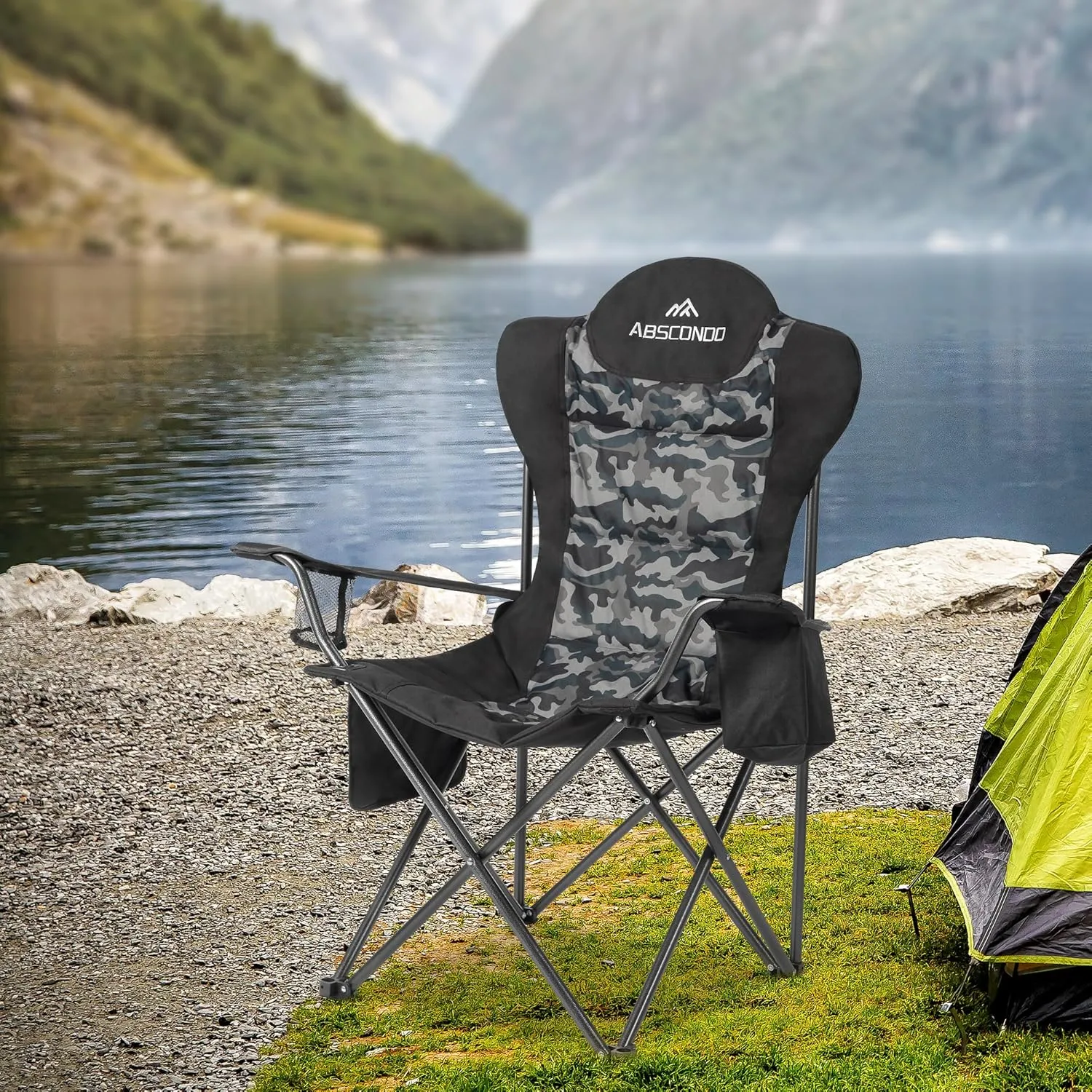 ABSCONDO Camping Chairs for Adults, Oversized Folding Camp Chair for Outdoor with Cup Holder & Cooler Bag, XL Heavy Duty Lawn Chairs Supports up to 350lbs (2 Pcs)
