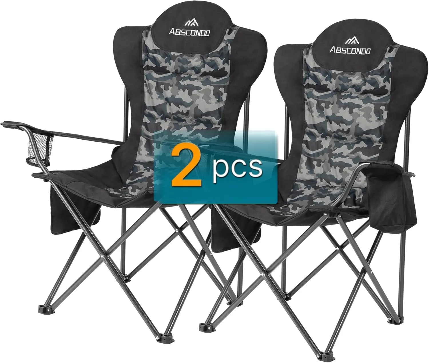 ABSCONDO Camping Chairs for Adults, Oversized Folding Camp Chair for Outdoor with Cup Holder & Cooler Bag, XL Heavy Duty Lawn Chairs Supports up to 350lbs (2 Pcs)