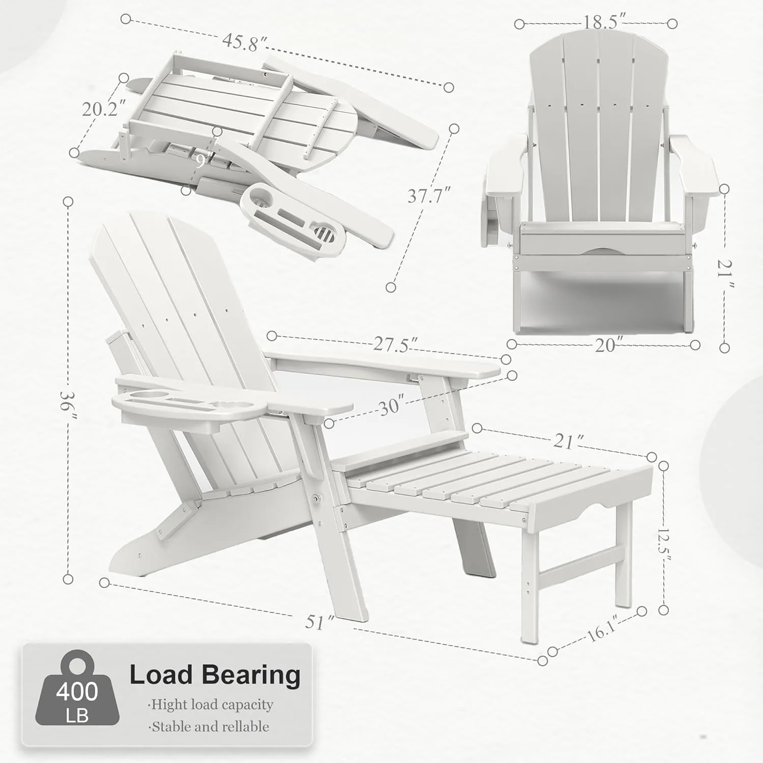 Adjustable Adirondack Chair with Retractable Ottoman, HDPE Folding Adirondack Chair with Cup Holder, All Weather Fire Pit Chair for Outdoor