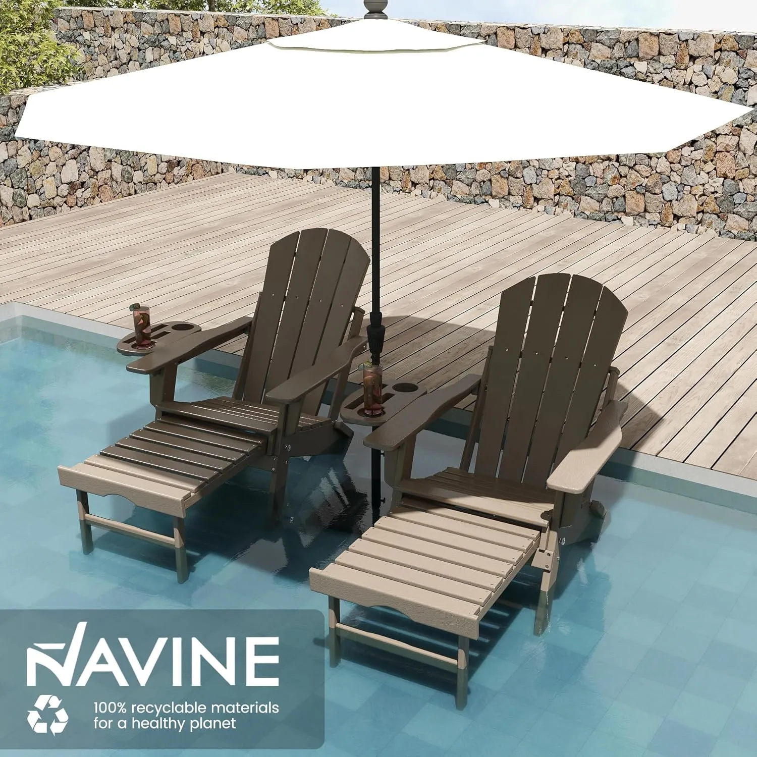 Adjustable Adirondack Chair with Retractable Ottoman, HDPE Folding Adirondack Chair with Cup Holder, All Weather Fire Pit Chair for Outdoor.