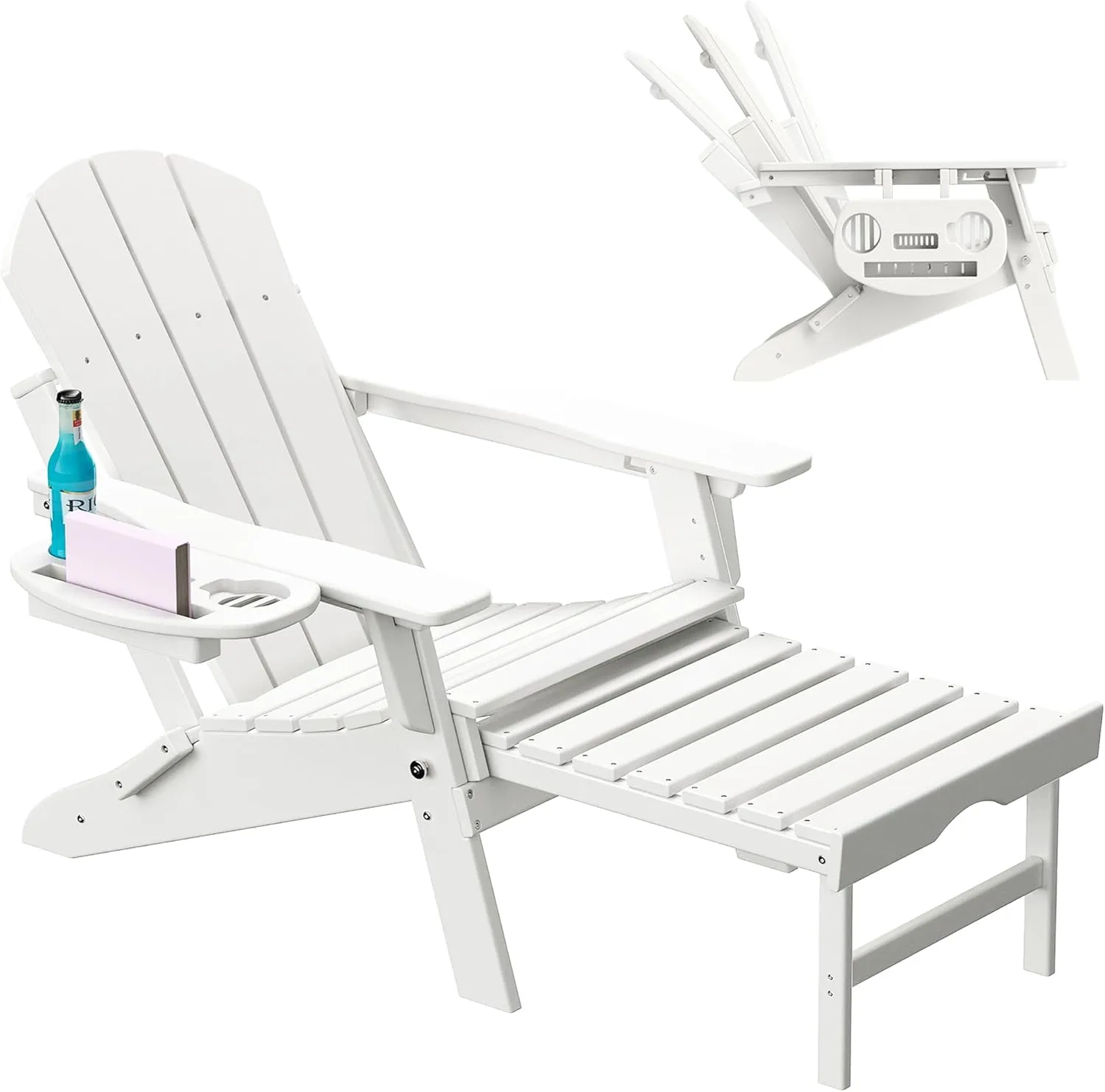 Adjustable Adirondack Chair with Retractable Ottoman, HDPE Folding Adirondack Chair with Cup Holder, All Weather Fire Pit Chair for Outdoor