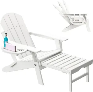 Adjustable Adirondack Chair with Retractable Ottoman, HDPE Folding Adirondack Chair with Cup Holder, All Weather Fire Pit Chair for Outdoor