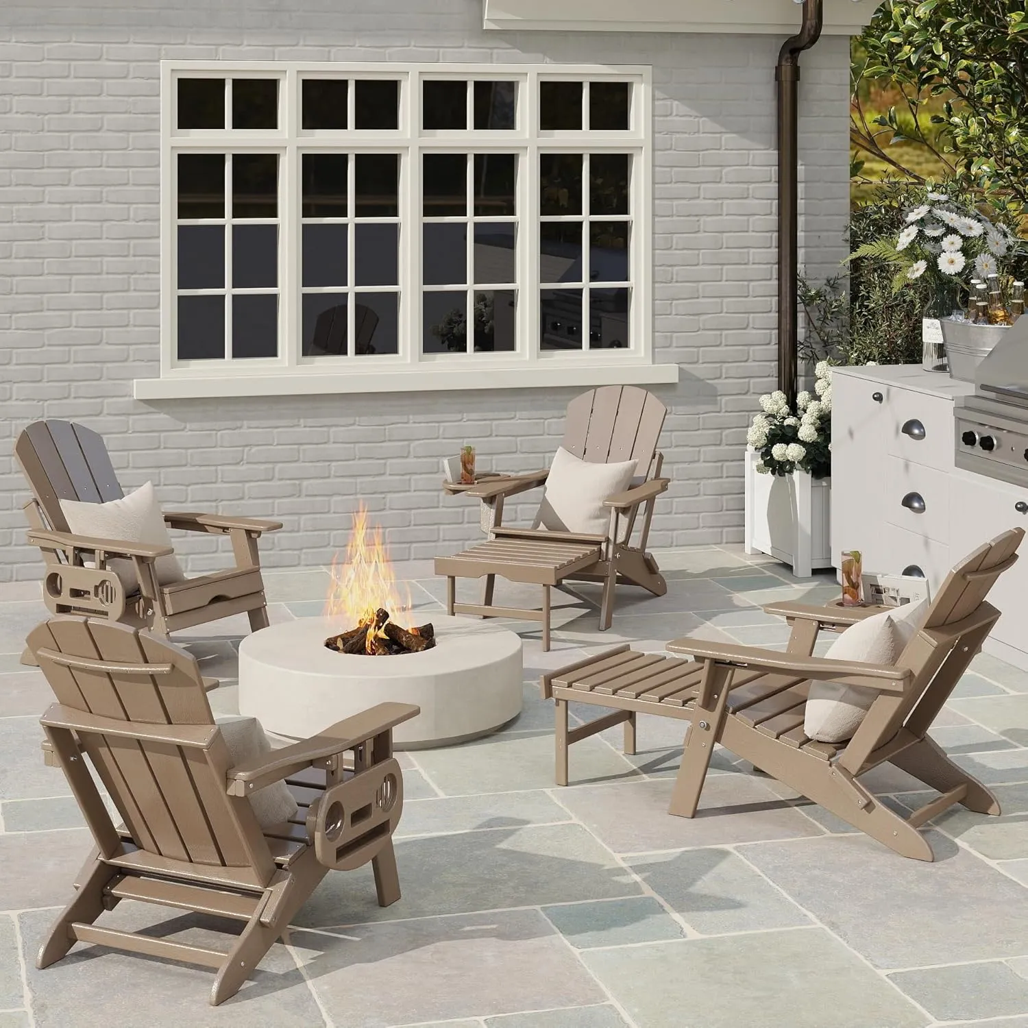 Adjustable Adirondack Chair with Retractable Ottoman, HDPE Folding Adirondack Chair with Cup Holder, All Weather Fire Pit Chair for Outdoor.