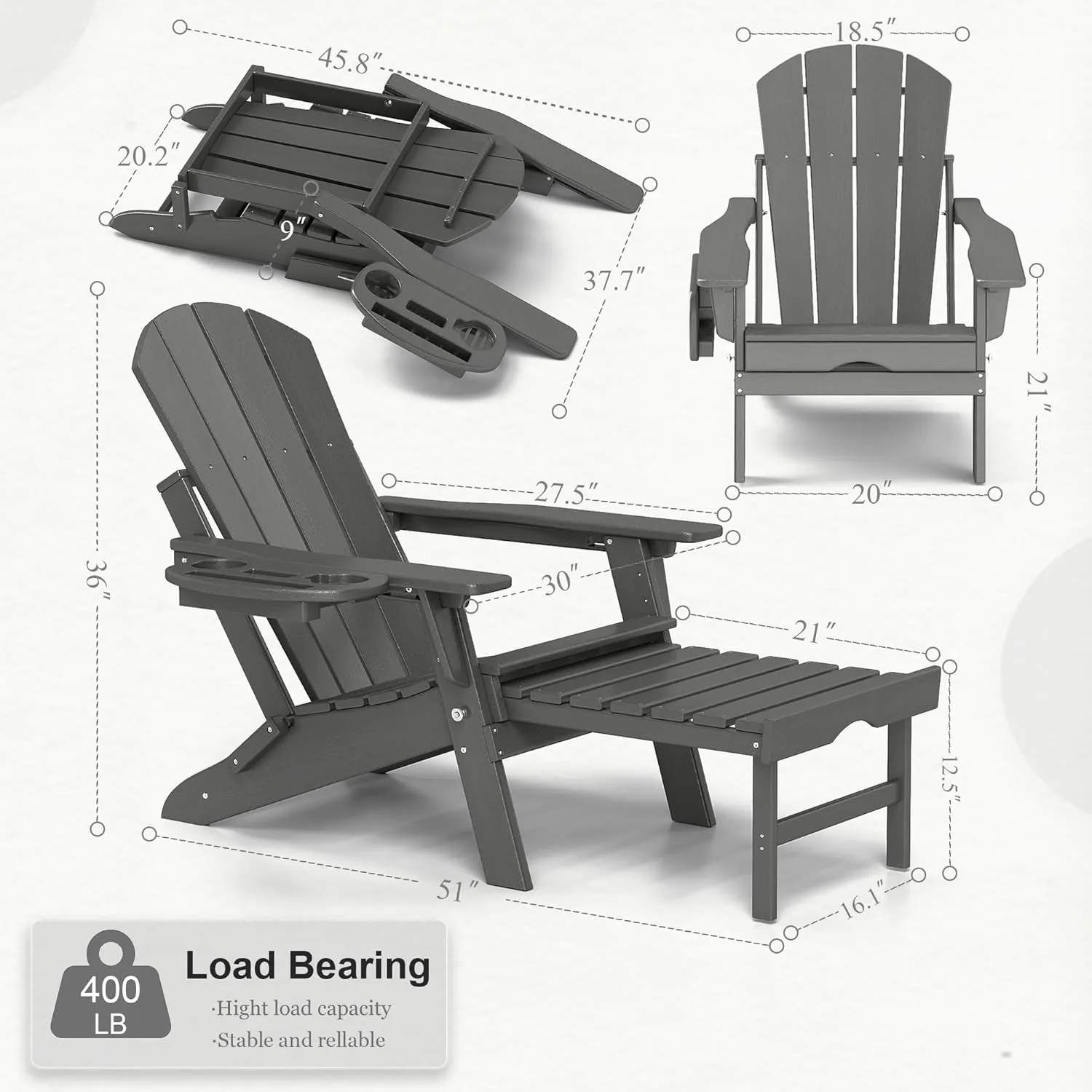 Adjustable Adirondack Chair with Retractable Ottoman, HDPE Folding Adirondack Chair with Cup Holder, All Weather Fire Pit Chair for Outdoor.