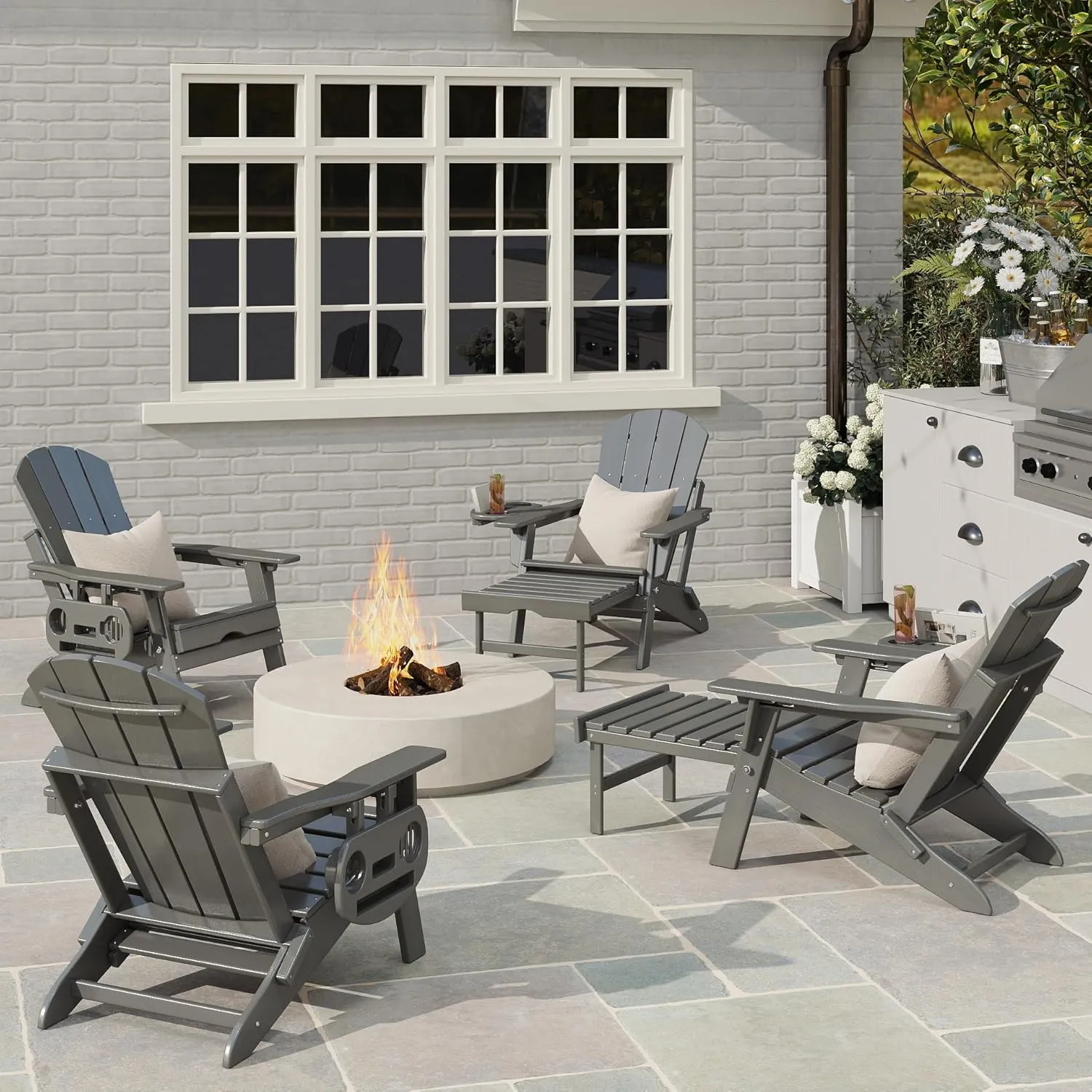 Adjustable Adirondack Chair with Retractable Ottoman, HDPE Folding Adirondack Chair with Cup Holder, All Weather Fire Pit Chair for Outdoor.