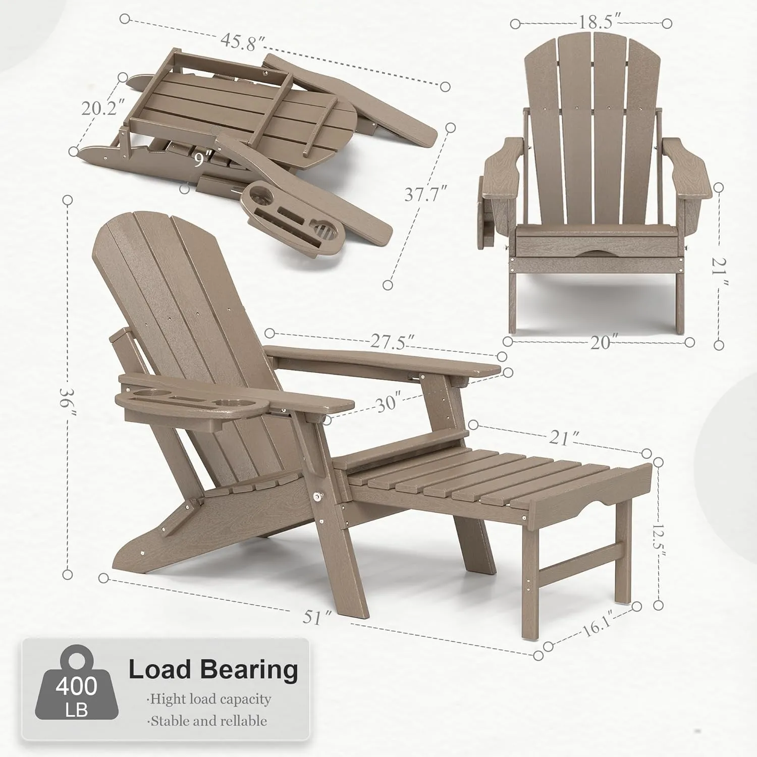 Adjustable Adirondack Chair with Retractable Ottoman, HDPE Folding Adirondack Chair with Cup Holder, All Weather Fire Pit Chair for Outdoor.