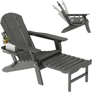 Adjustable Adirondack Chair with Retractable Ottoman, HDPE Folding Adirondack Chair with Cup Holder, All Weather Fire Pit Chair for Outdoor.
