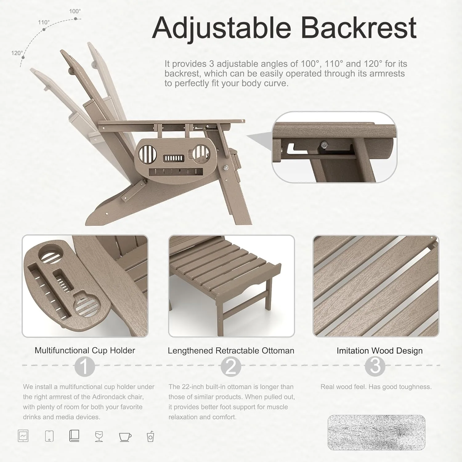 Adjustable Adirondack Chair with Retractable Ottoman, HDPE Folding Adirondack Chair with Cup Holder, All Weather Fire Pit Chair for Outdoor.