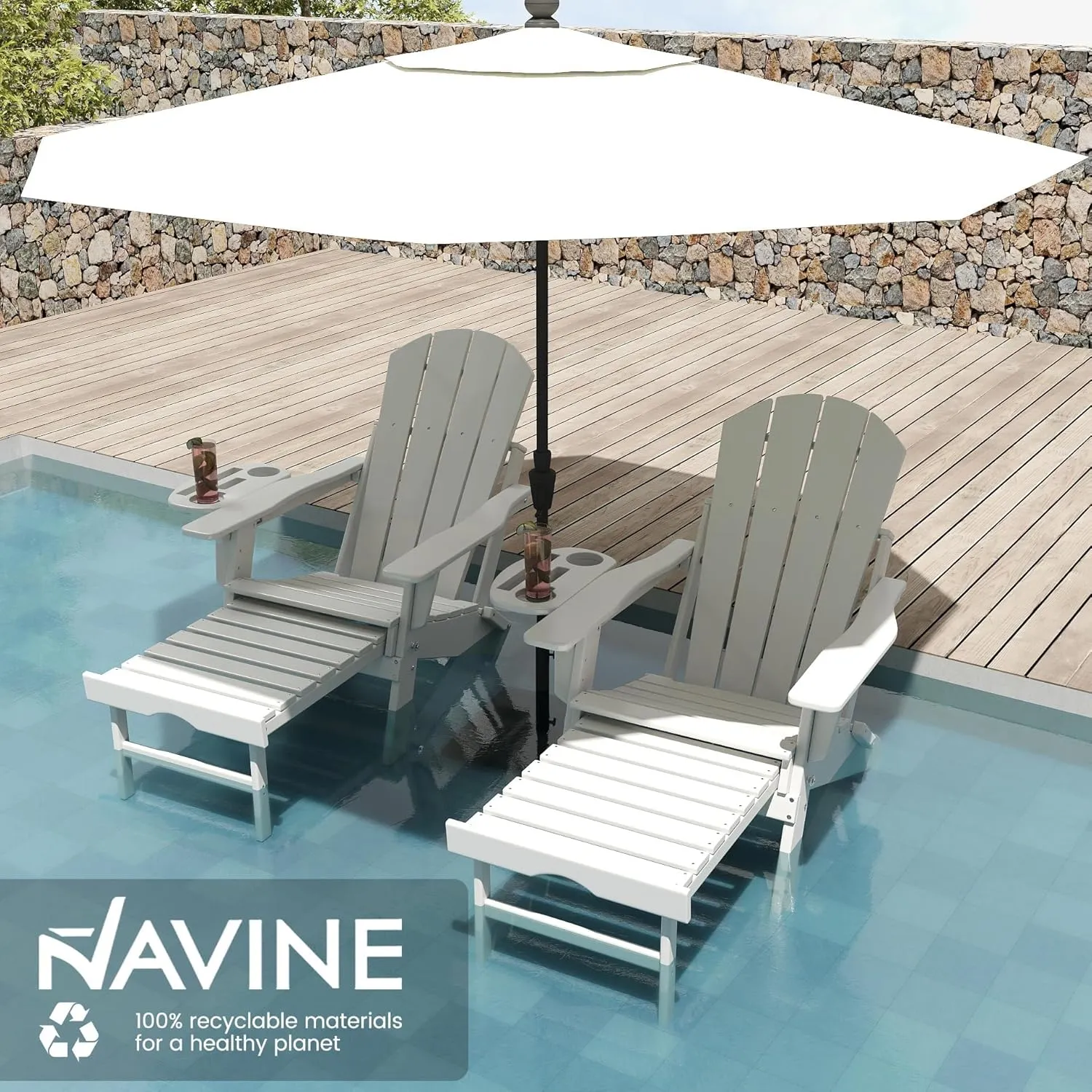 Adjustable Adirondack Chair with Retractable Ottoman, HDPE Folding Adirondack Chair with Cup Holder, All Weather Fire Pit Chair for Outdoor
