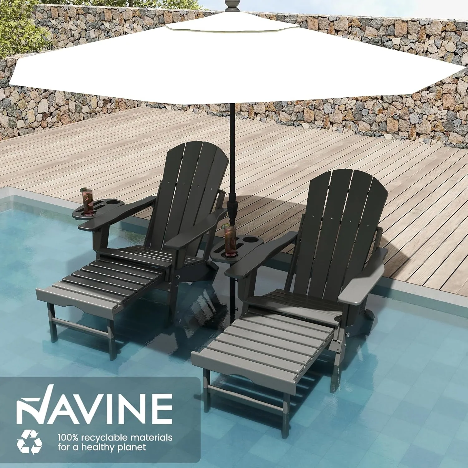Adjustable Adirondack Chair with Retractable Ottoman, HDPE Folding Adirondack Chair with Cup Holder, All Weather Fire Pit Chair for Outdoor.