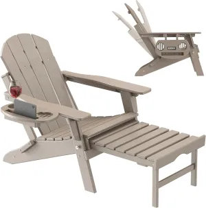 Adjustable Adirondack Chair with Retractable Ottoman, HDPE Folding Adirondack Chair with Cup Holder, All Weather Fire Pit Chair for Outdoor.