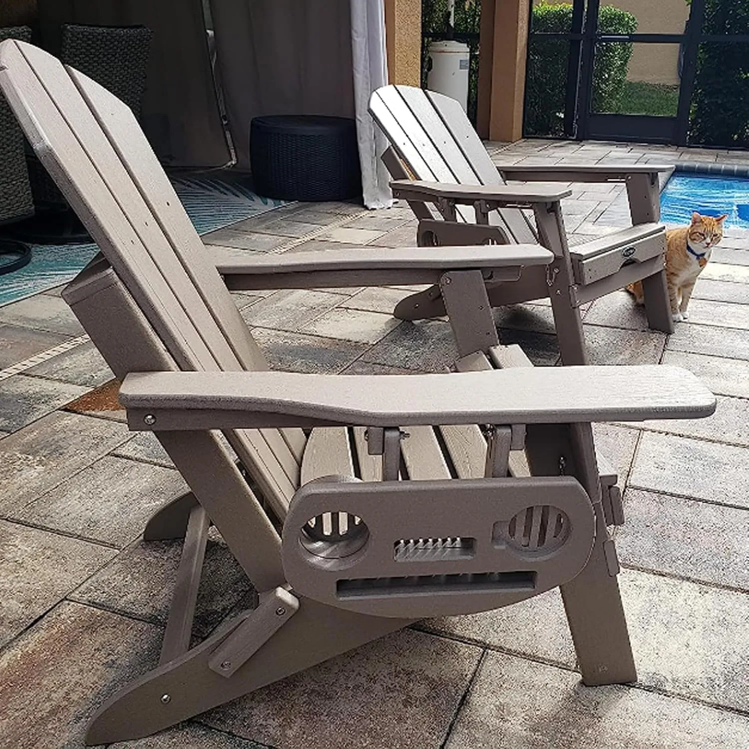 Adjustable Adirondack Chair with Retractable Ottoman, HDPE Folding Adirondack Chair with Cup Holder, All Weather Fire Pit Chair for Outdoor.