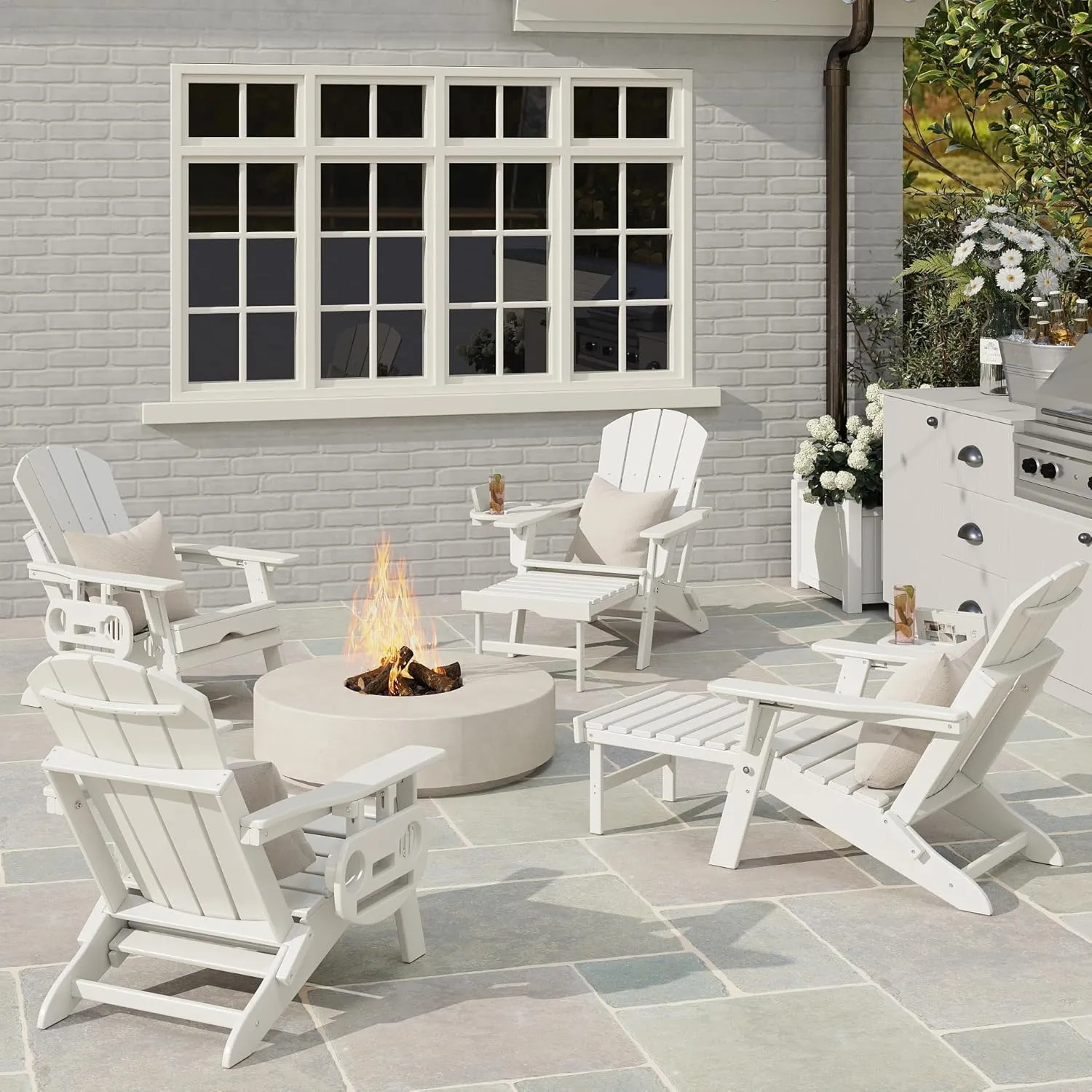 Adjustable Adirondack Chair with Retractable Ottoman, HDPE Folding Adirondack Chair with Cup Holder, All Weather Fire Pit Chair for Outdoor