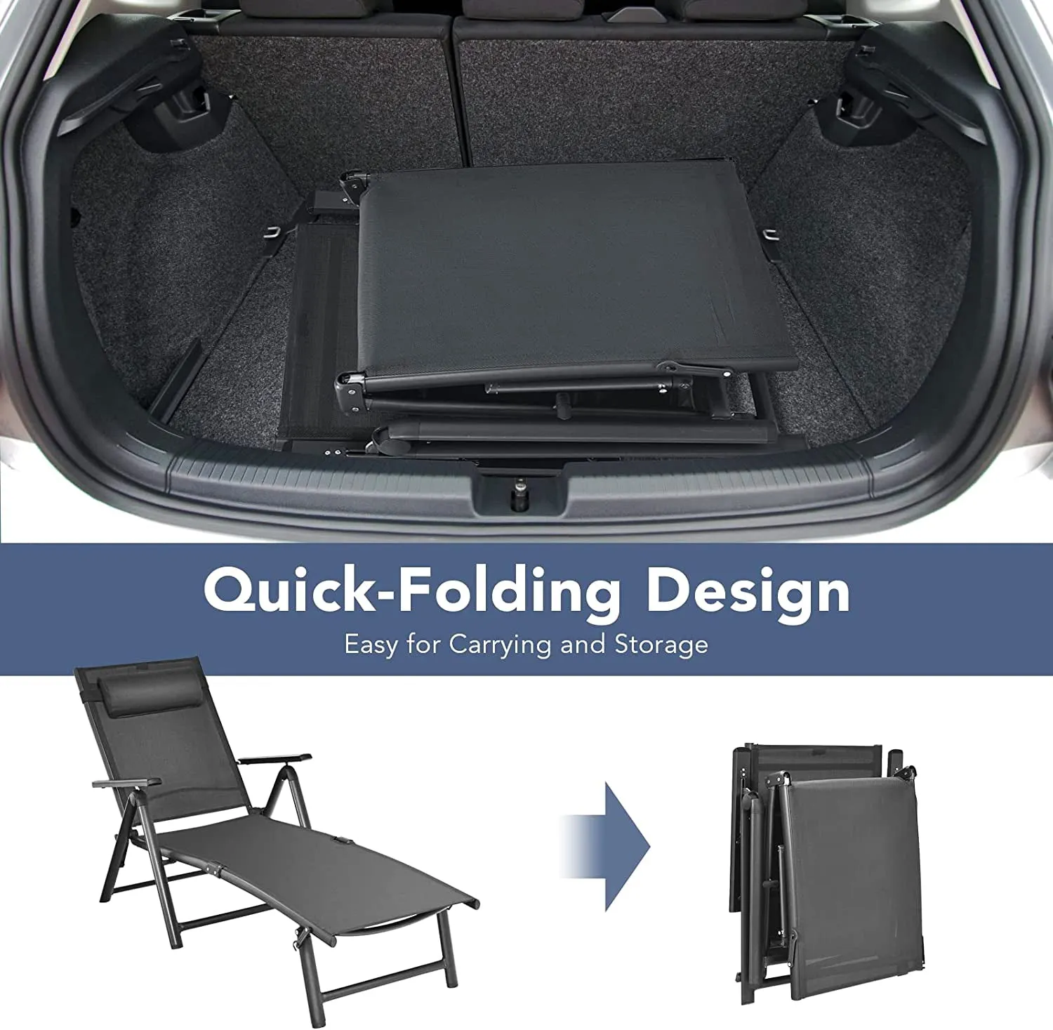 Adjustable Folding Outdoor Lounge Chair With 7 Backrest Positions in Gray