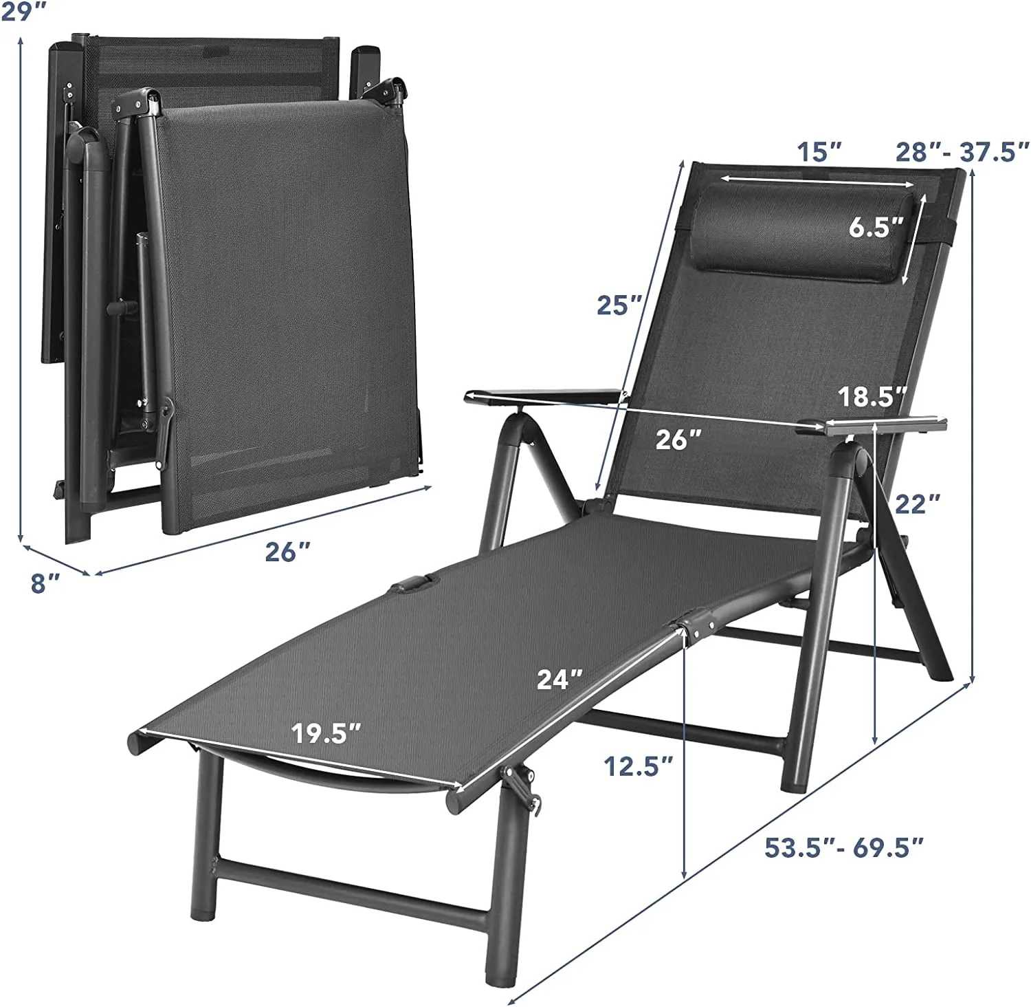 Adjustable Folding Outdoor Lounge Chair With 7 Backrest Positions in Gray