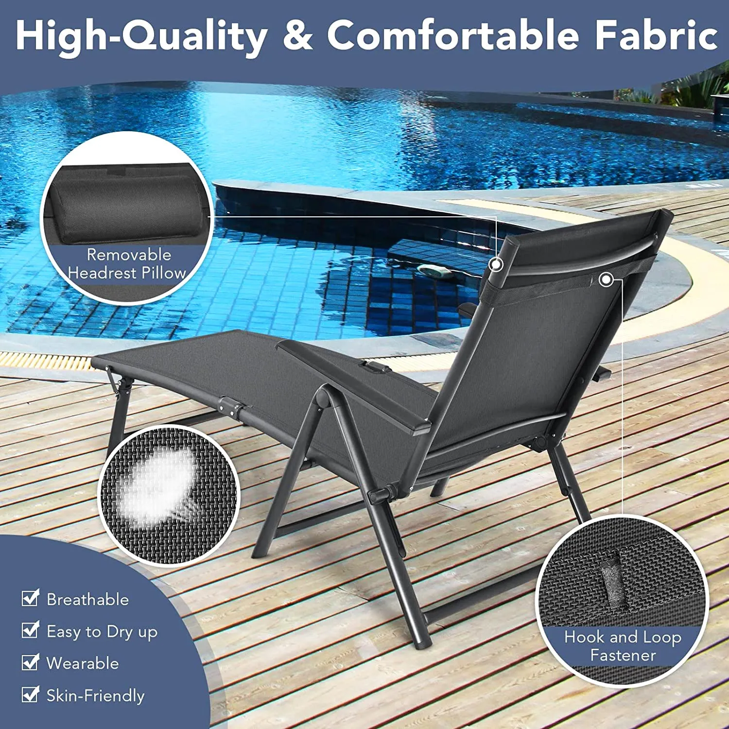 Adjustable Folding Outdoor Lounge Chair With 7 Backrest Positions in Gray