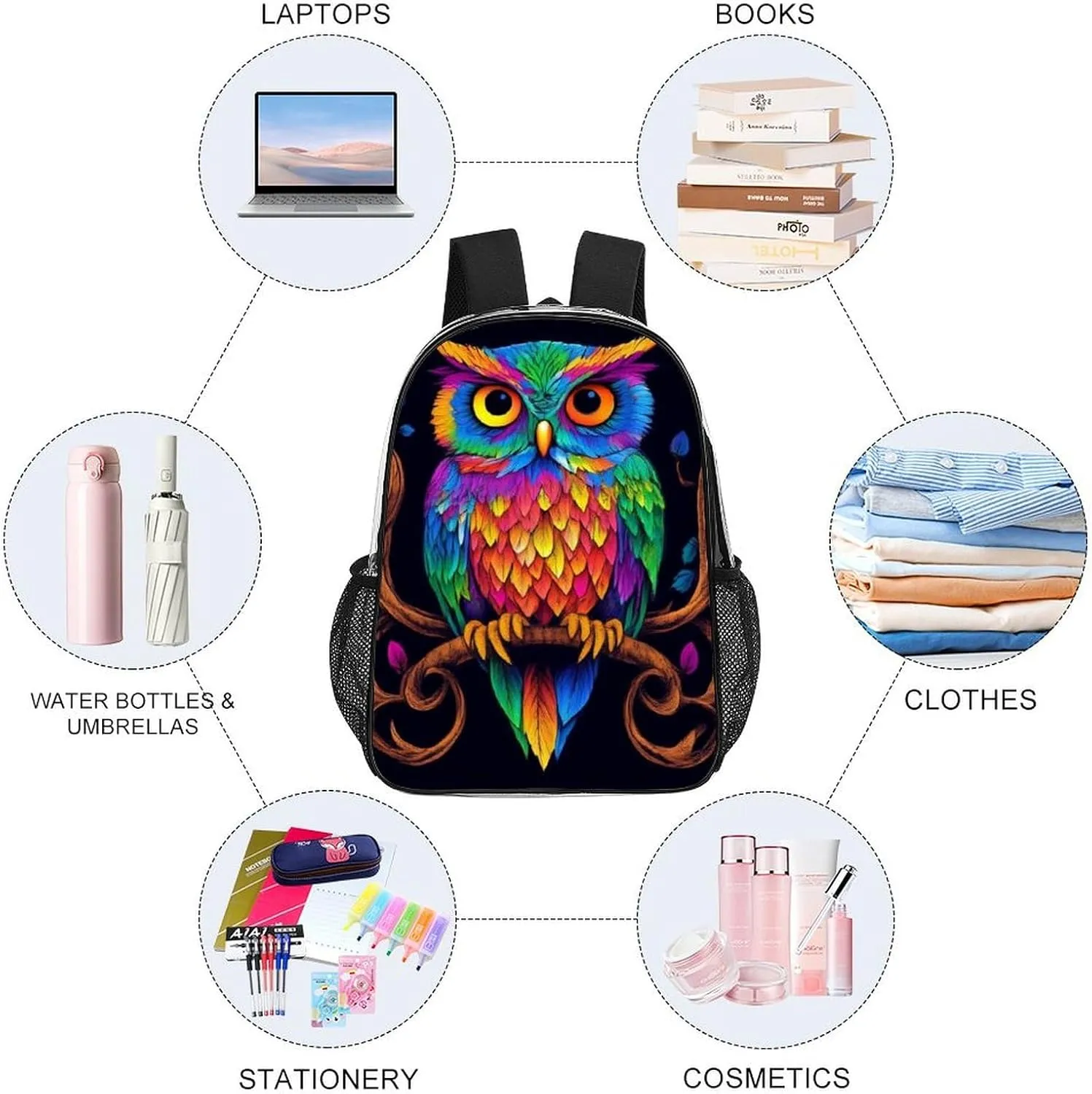 Adults Lightweight Colorful Owl Wild Bird Art Rucksacks Large Capacity Bookbag Transparent Bag for Trekking Outdoors Bicycle