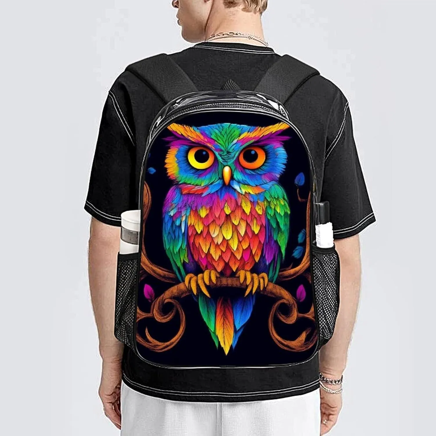Adults Lightweight Colorful Owl Wild Bird Art Rucksacks Large Capacity Bookbag Transparent Bag for Trekking Outdoors Bicycle