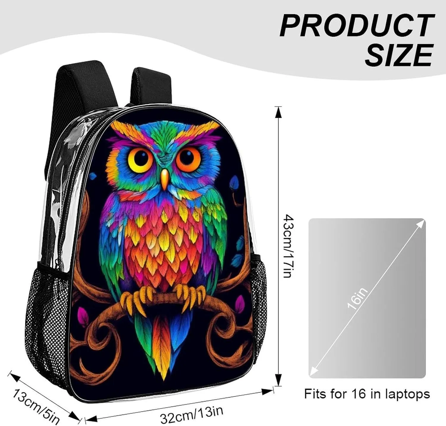 Adults Lightweight Colorful Owl Wild Bird Art Rucksacks Large Capacity Bookbag Transparent Bag for Trekking Outdoors Bicycle