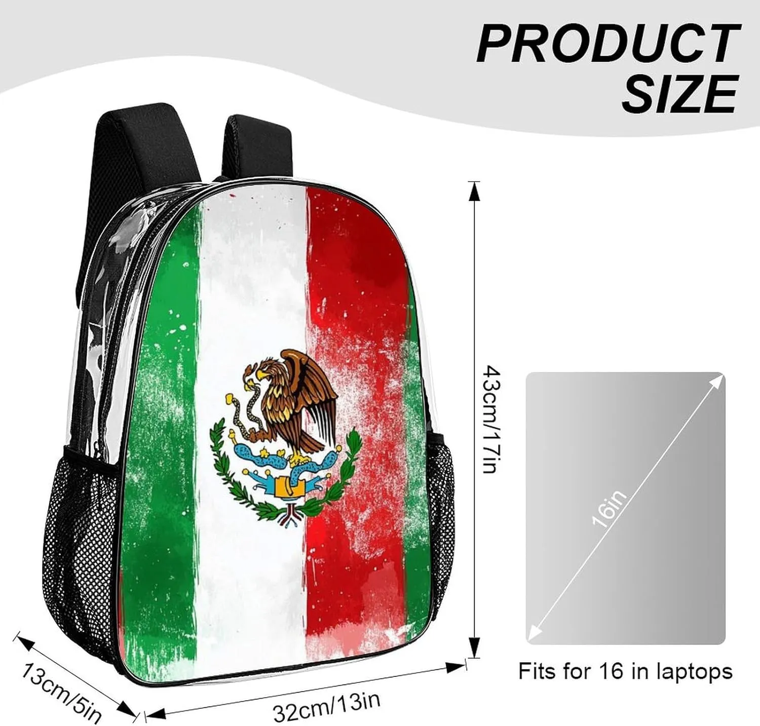 Adults Lightweight Cool Mexican Flag Rucksacks Large Capacity Bookbag Transparent Bag for Trekking Outdoors Bicycle