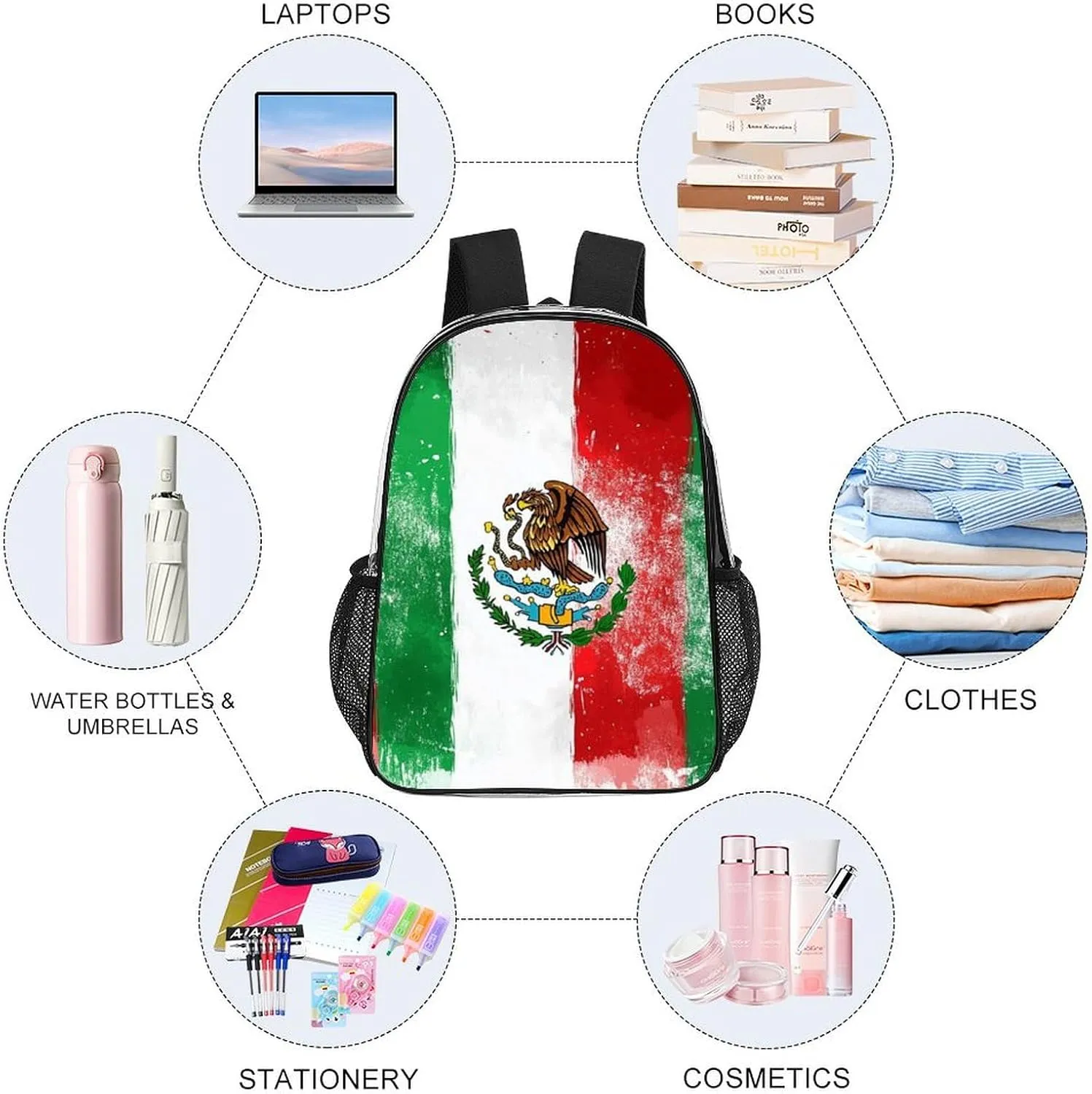 Adults Lightweight Cool Mexican Flag Rucksacks Large Capacity Bookbag Transparent Bag for Trekking Outdoors Bicycle