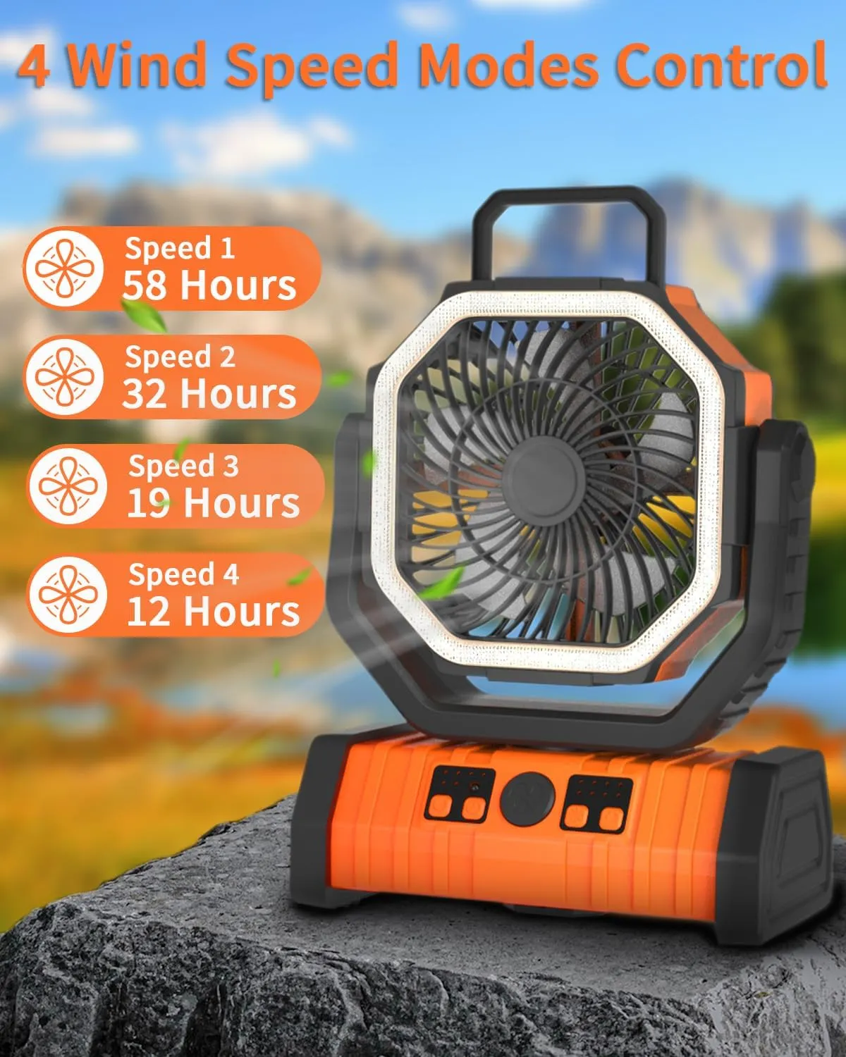 ADUST Camping Battery Operated Powered Fan with LED Lantern Light 20000mAh Rechargeable Portable Oscillating Fan with 360° Rotation Hanging Hook for Tents, Cordless USB Desk Fan(Orange)