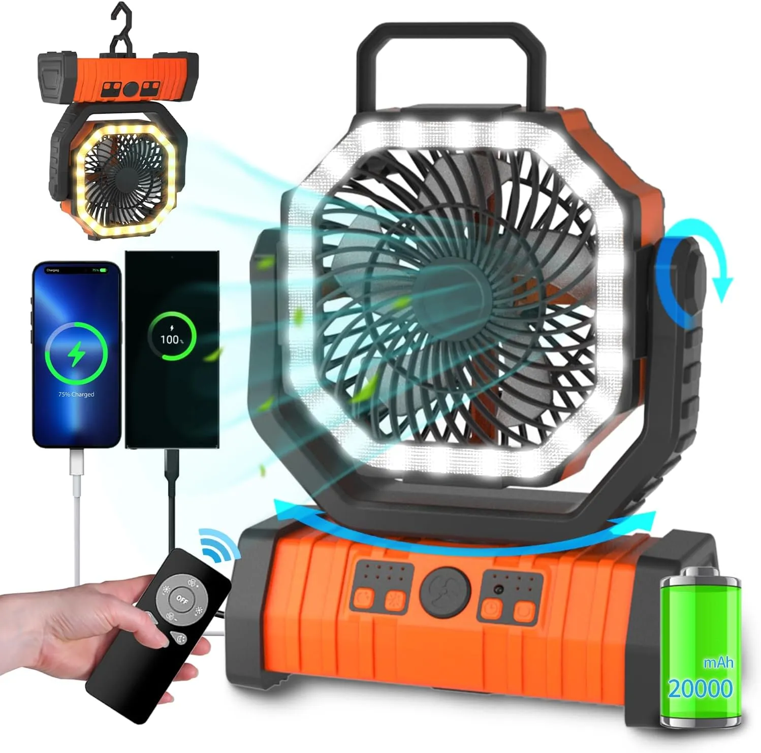 ADUST Camping Battery Operated Powered Fan with LED Lantern Light 20000mAh Rechargeable Portable Oscillating Fan with 360° Rotation Hanging Hook for Tents, Cordless USB Desk Fan(Orange)