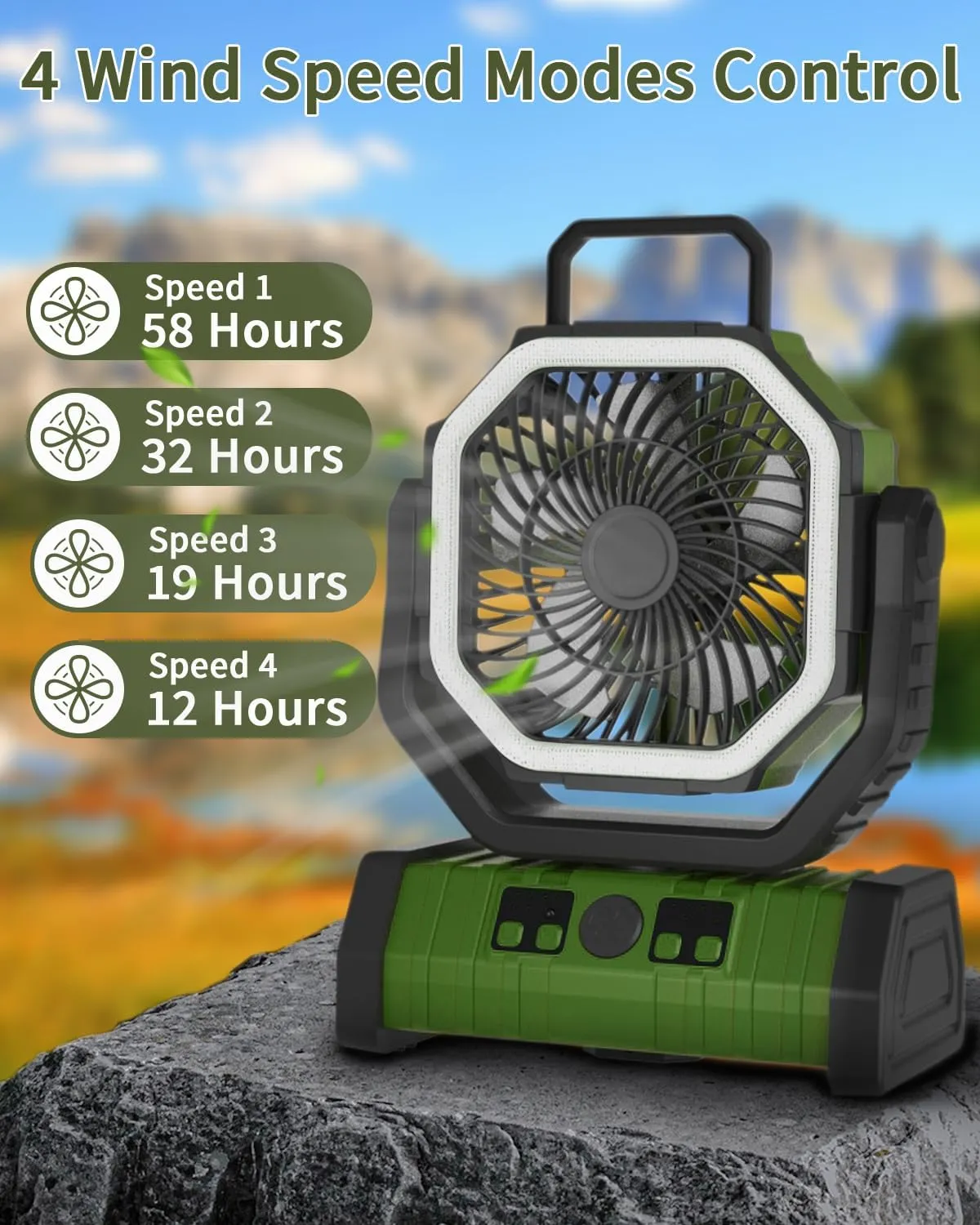 ADUST Camping Battery Powered Fan with LED Light 20000mAh Rechargeable Portable, Oscillating Cordless USB Desk Fan with Rotation Hanging Hook for Tent, Canopy, Beach, Outdoor Travel(Green)