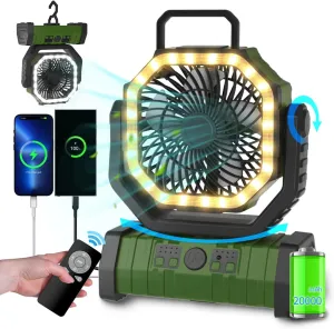 ADUST Camping Battery Powered Fan with LED Light 20000mAh Rechargeable Portable, Oscillating Cordless USB Desk Fan with Rotation Hanging Hook for Tent, Canopy, Beach, Outdoor Travel(Green)