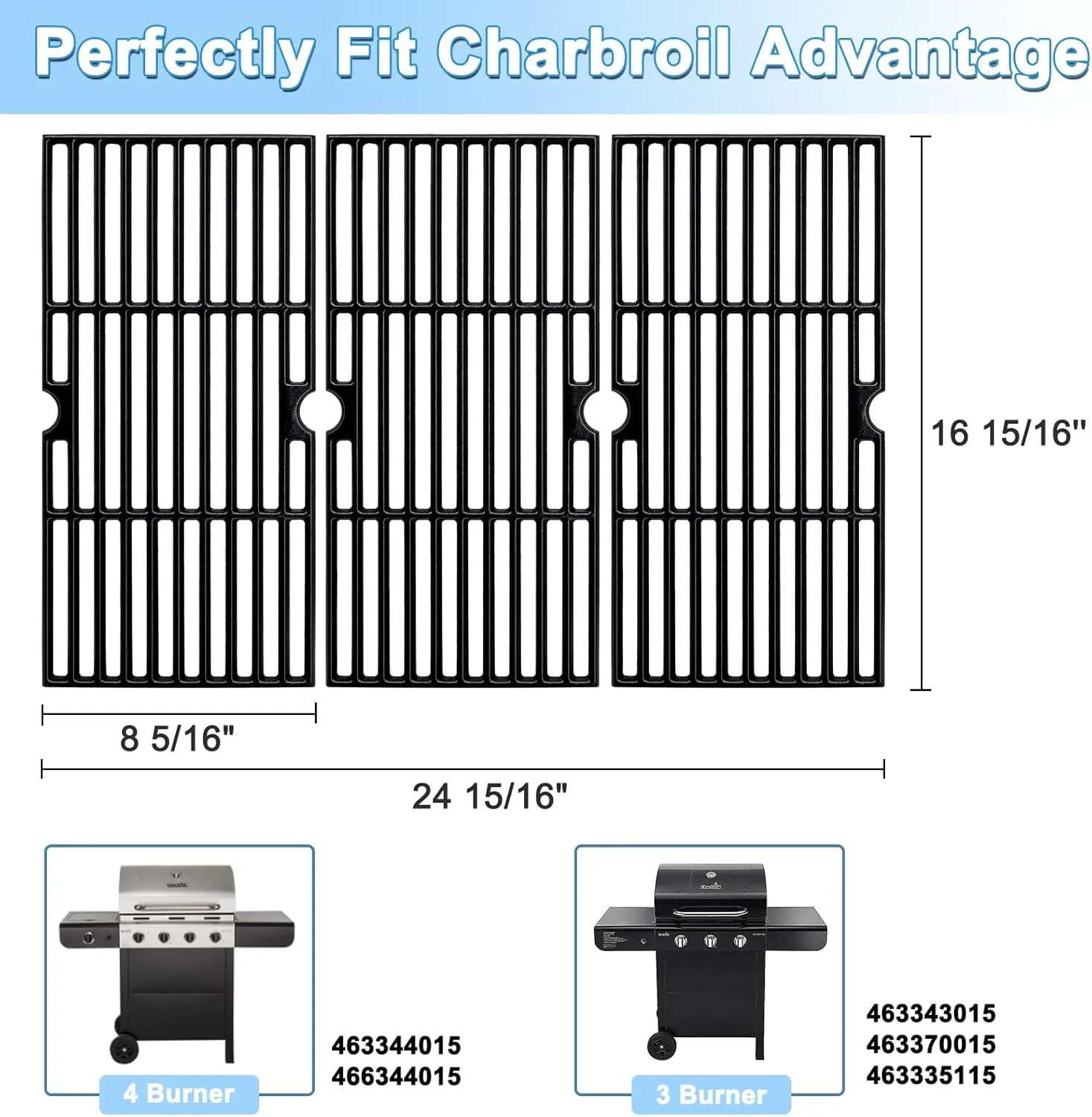 Adviace Grill Replacement Parts for Charbroil Advantage 3 Burner 463343015, 463370015, 463335115, 463344015, Cast Iron Grill Grates, Heat Plate Shields, Burners, Adjustable Carryover Tubes, Igniters.