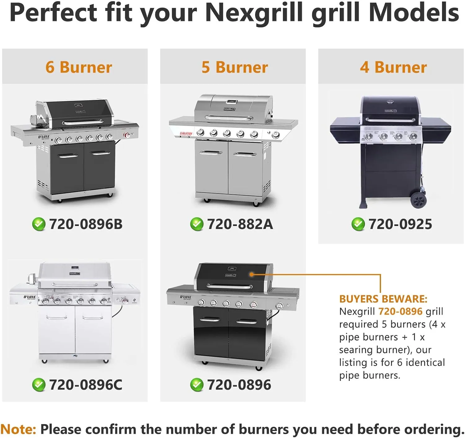 Adviace Replacement Parts for Nexgrill 720-0896B 720-0896C 720-0896E 720-0882A 720-0896 720-0925 Grills, 6 Pack Grill Burner Tubes & Flame Tamers Heat Shields Replacement