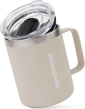 AeroPress Travel Coffee Mug with Handle, Double-Wall Vacuum Insulated Stainless Steel with Splash-Resistant Slider Lid, Compatible for Hot or Cold Drinks, Dishwasher Safe, 12 oz, Cream