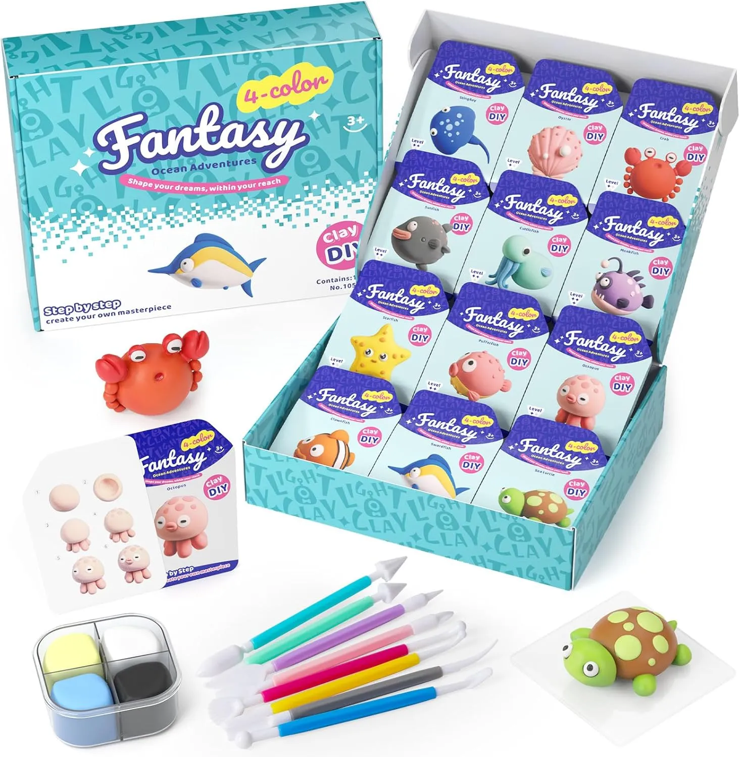 Air Dry Modeling Clay for Kids - Ocean Adventure, 12 Boxes Clay Kit with 9 Tools & Tutorials, Soft DIY Craft Kit for Art Projects, Creative Gift for Boys & Girls Ages 3 