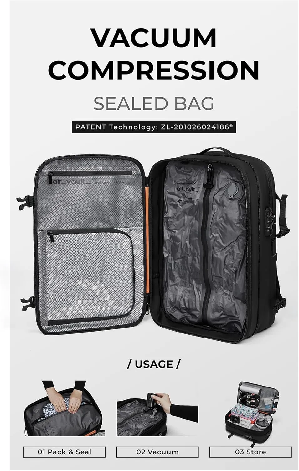 AirVault Vacuum Seal Travel Backpack 60L - Expandable Air Compression Vacuum System, Airback, Vacpack, Water-Resistant, Carry-On with TSA Lock Fits 19" Laptop, Backvac (Blue)