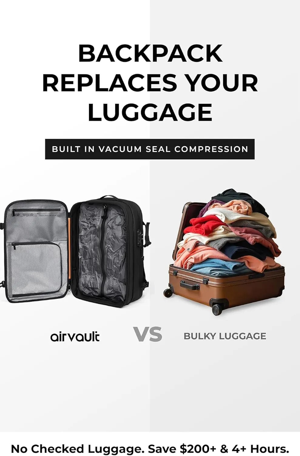 AirVault Vacuum Seal Travel Backpack 60L - Expandable Air Compression Vacuum System, Airback, Vacpack, Water-Resistant, Carry-On with TSA Lock Fits 19" Laptop, Backvac (Blue)