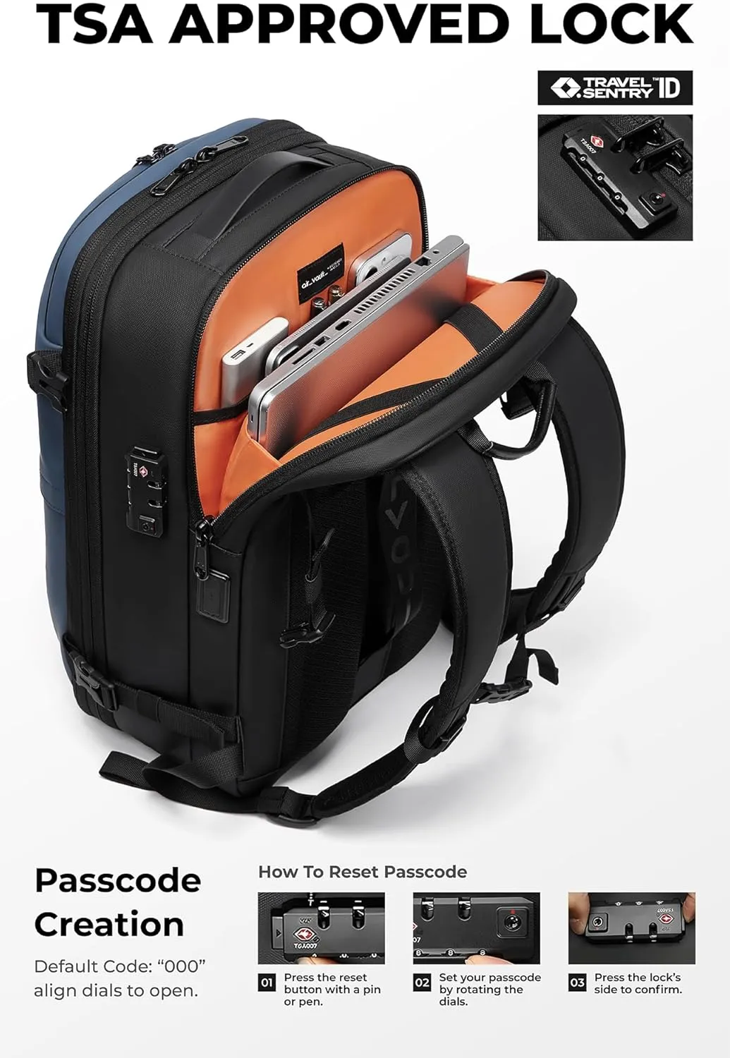 AirVault Vacuum Seal Travel Backpack 60L - Expandable Air Compression Vacuum System, Airback, Vacpack, Water-Resistant, Carry-On with TSA Lock Fits 19" Laptop, Backvac (Blue)