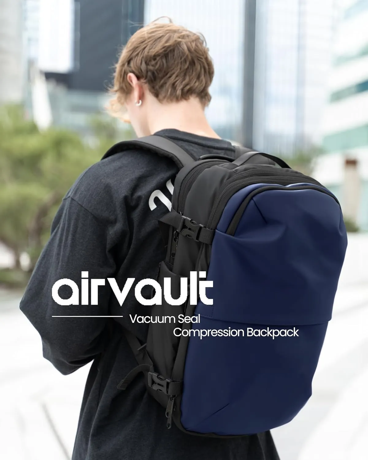 AirVault Vacuum Seal Travel Backpack 60L - Expandable Air Compression Vacuum System, Airback, Vacpack, Water-Resistant, Carry-On with TSA Lock Fits 19" Laptop, Backvac (Blue)