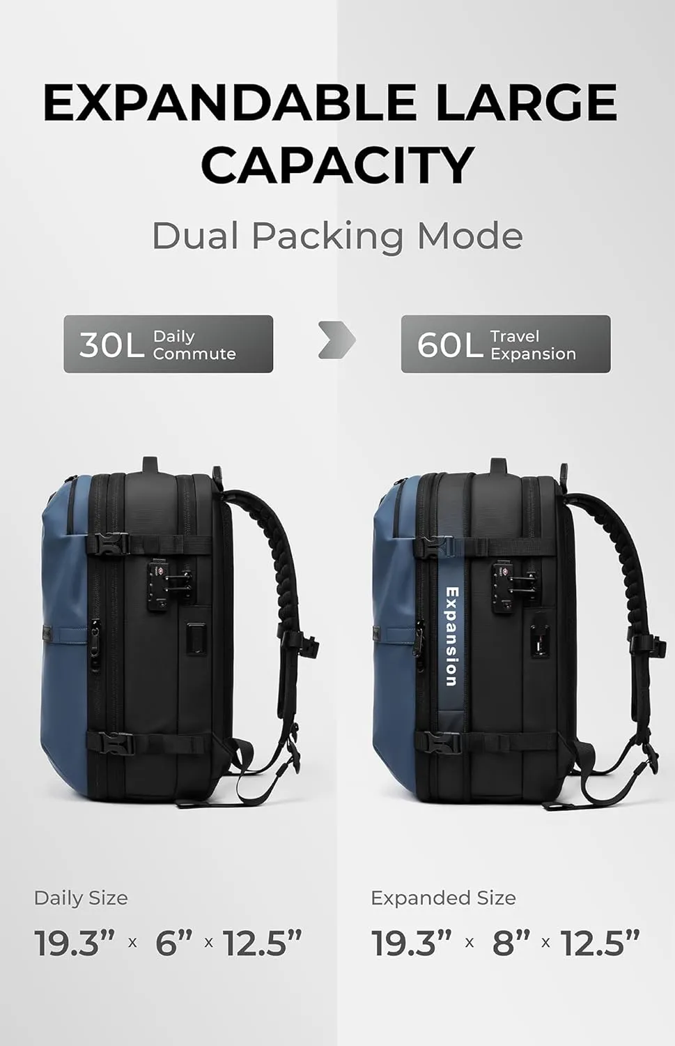 AirVault Vacuum Seal Travel Backpack 60L - Expandable Air Compression Vacuum System, Airback, Vacpack, Water-Resistant, Carry-On with TSA Lock Fits 19" Laptop, Backvac (Blue)