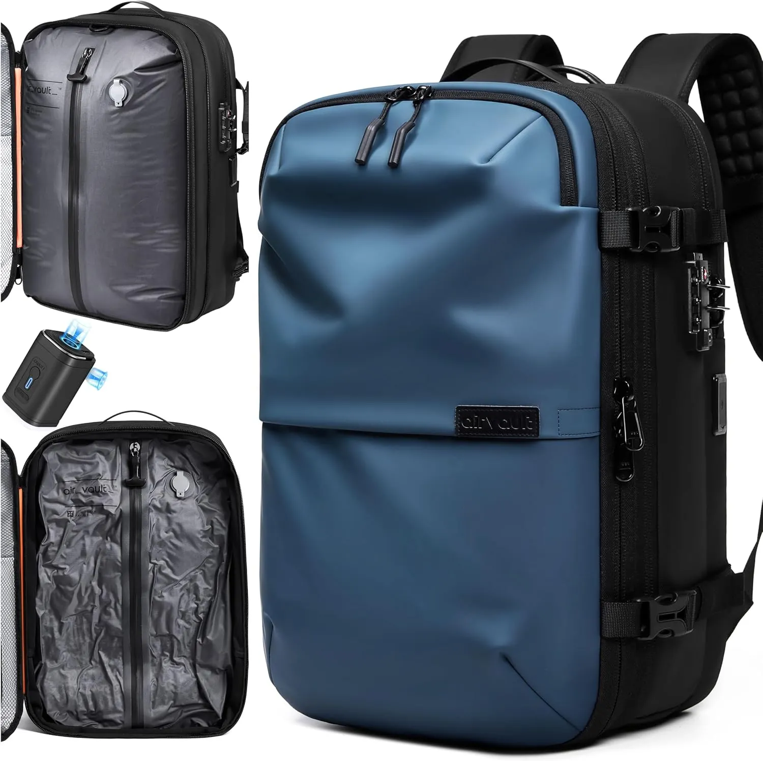 AirVault Vacuum Seal Travel Backpack 60L - Expandable Air Compression Vacuum System, Airback, Vacpack, Water-Resistant, Carry-On with TSA Lock Fits 19" Laptop, Backvac (Blue)