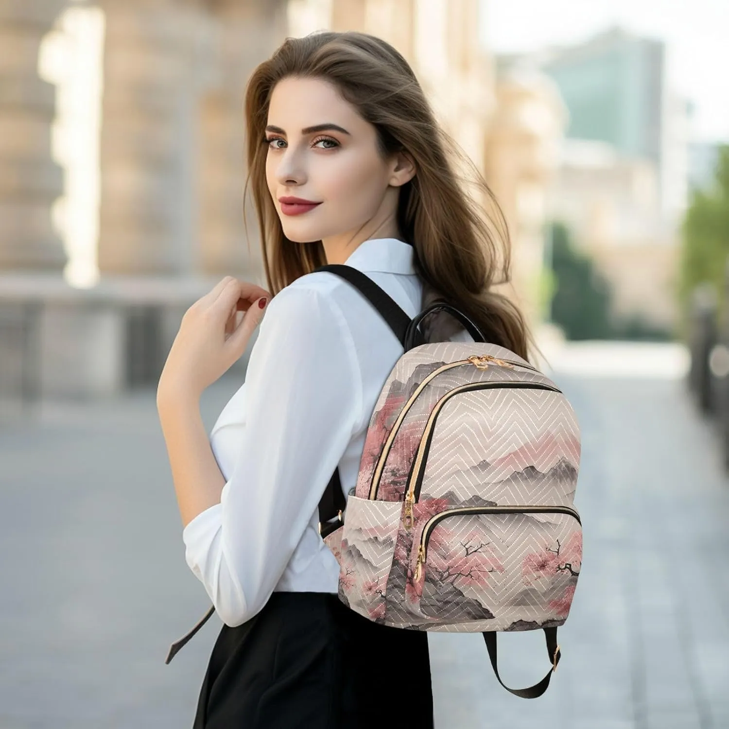 ALAZA Cherry Blossom Mountain Small Backpack Purse for Women Travel Bag Lightweight Shoulder Bag Fashion Daypack